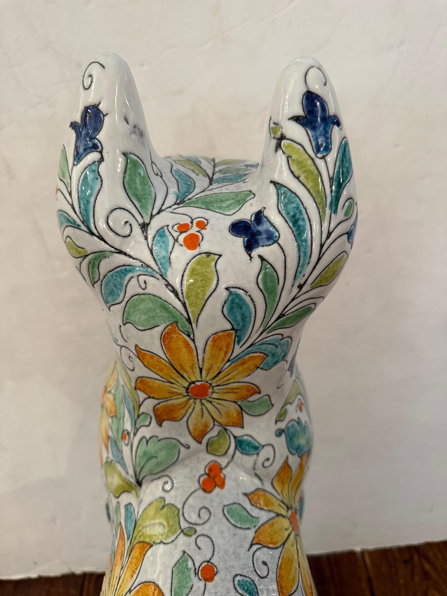 Italian Egyptian Inspired Sgraffito Glazed Terracotta Cat with Floral Decoration For Sale