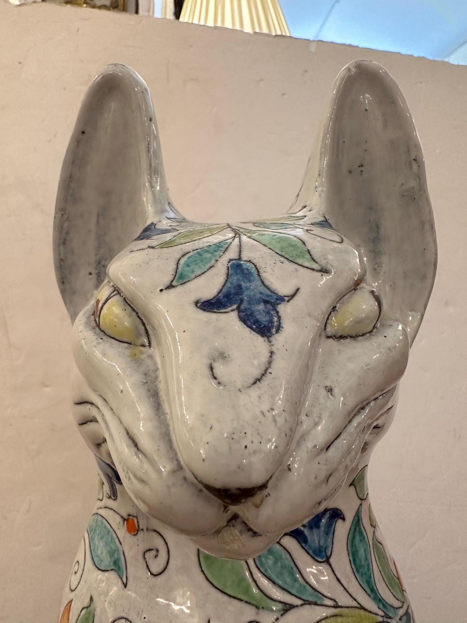 Egyptian Inspired Sgraffito Glazed Terracotta Cat with Floral Decoration In Good Condition For Sale In Hopewell, NJ