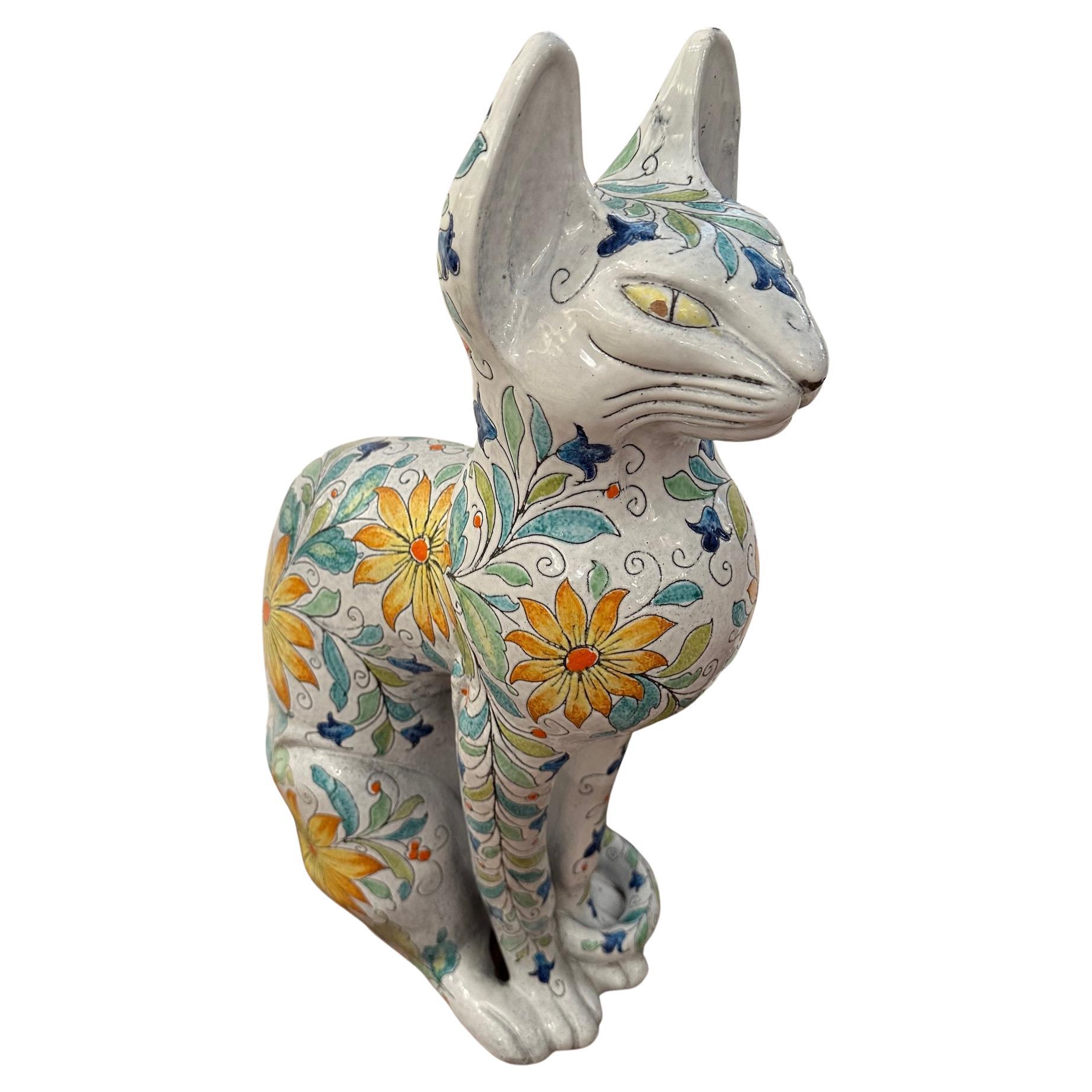Egyptian Inspired Sgraffito Glazed Terracotta Cat with Floral Decoration