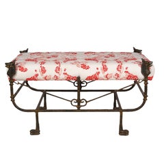 Antique Egyptian Inspired Wrought Iron Bench with Dog Heads and Paw Feet, 19th Century
