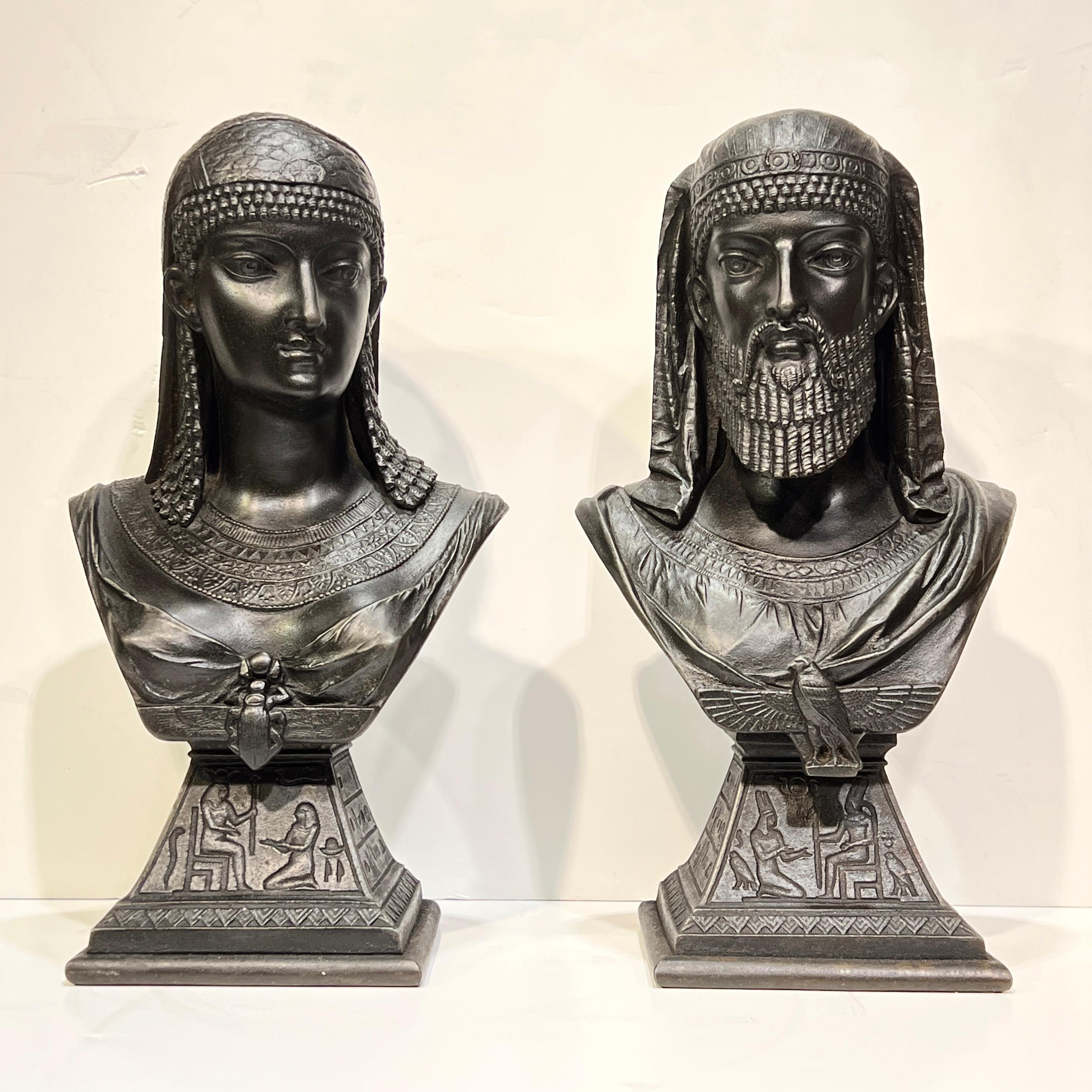 Egyptian king and queen patinated spelter metal busts after the celebrated French sculptor, Anatole J. Guillot (1865-1911).  Female signed J. Guillot 1876. 