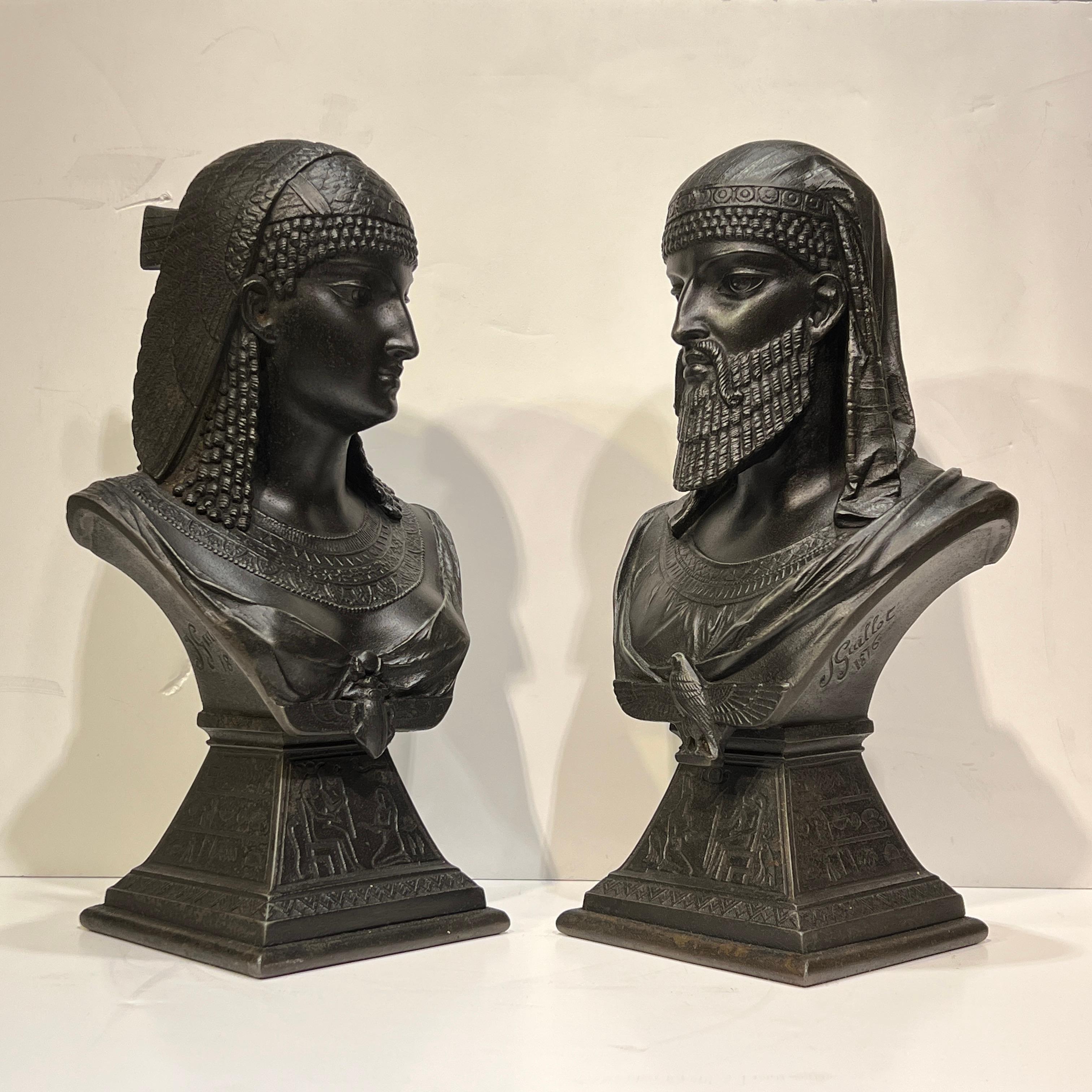 Egyptian Revival Egyptian King and Queen Busts After J. Guillot Dated 1876 For Sale