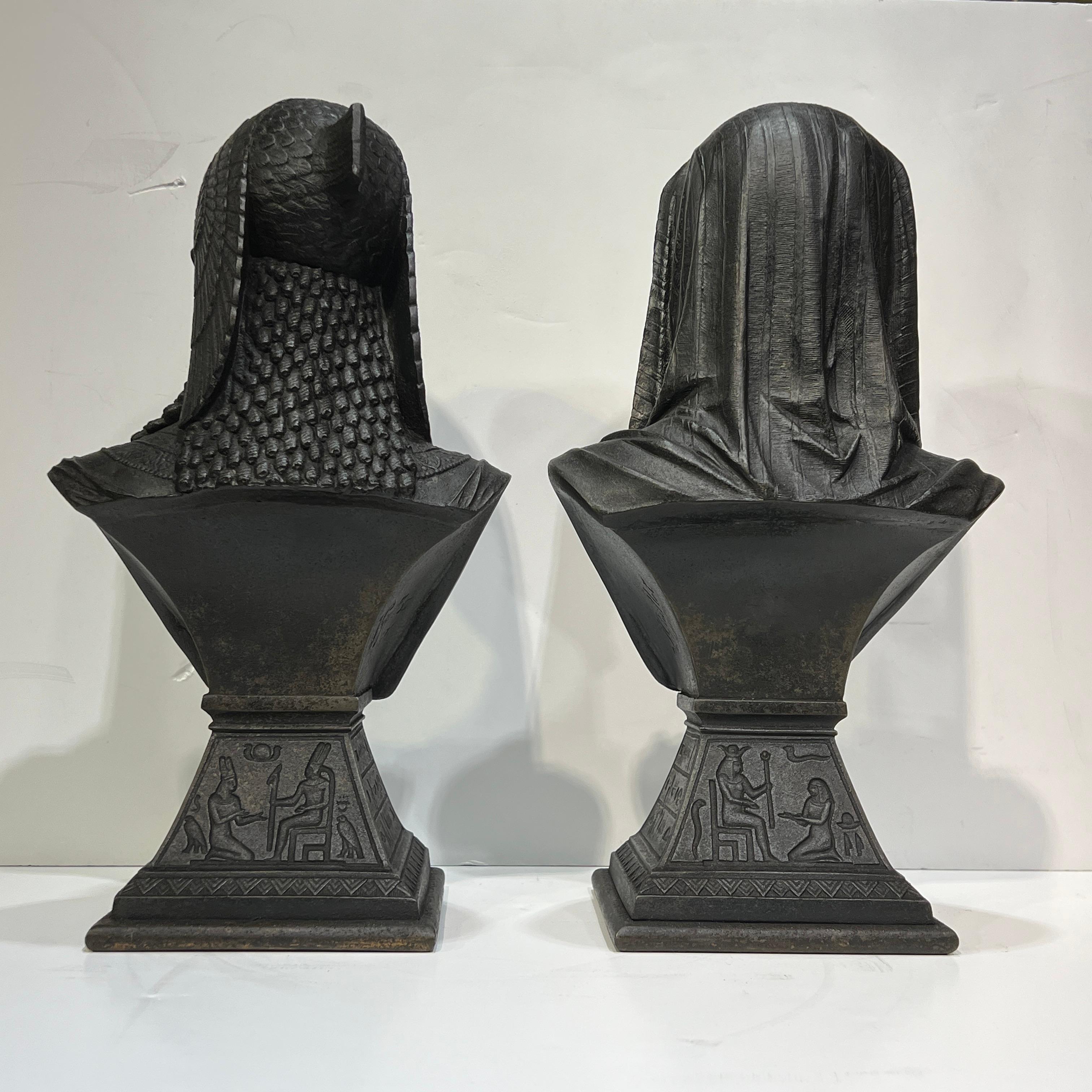 Patinated Egyptian King and Queen Busts After J. Guillot Dated 1876 For Sale