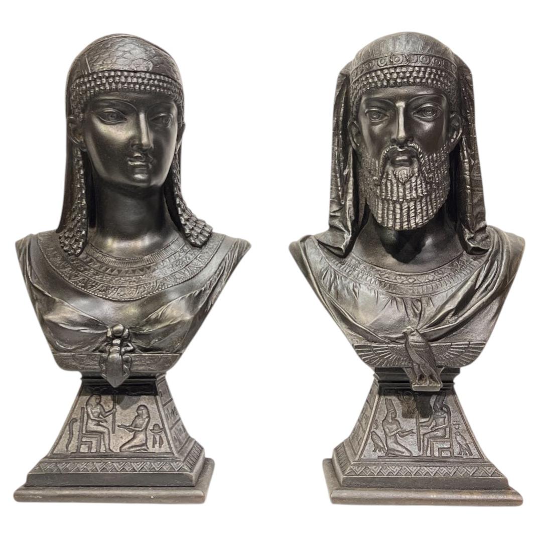 Egyptian King and Queen Busts After J. Guillot Dated 1876 For Sale