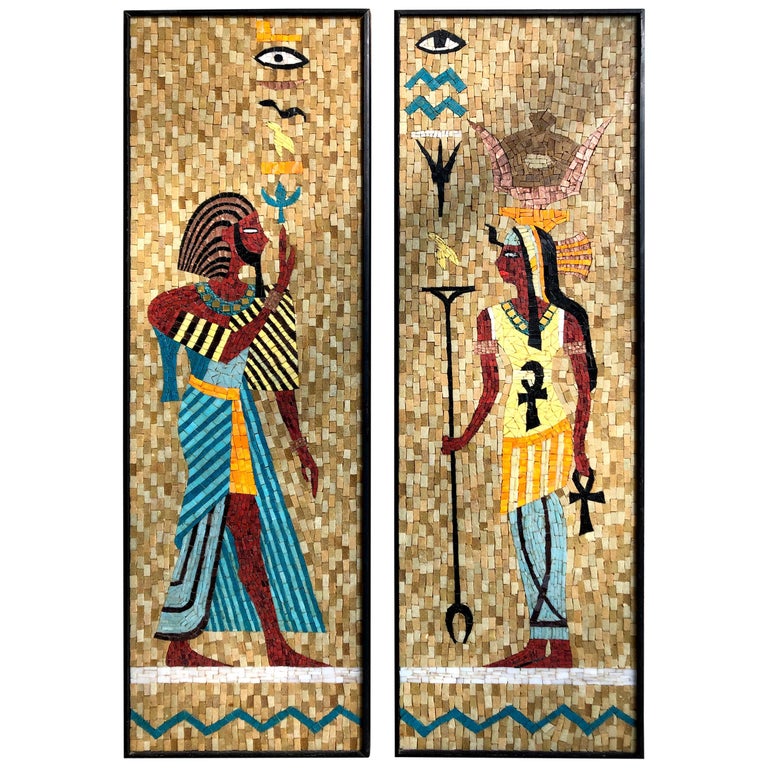 Egyptian King Tut Cleopatra Sun God Ra Eye Pair of Mosaic Tile Wall