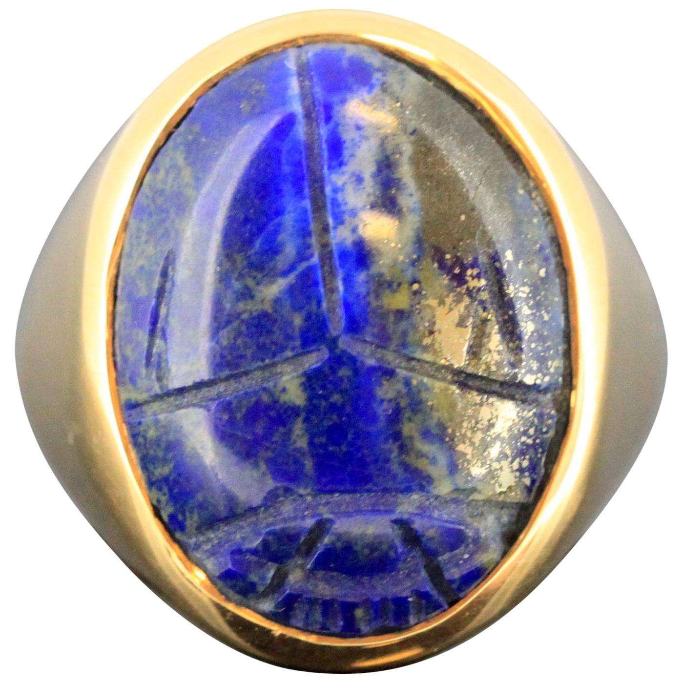 Egyptian Lapis Lazuli Scarab Gold Ring, 664-332 B.C