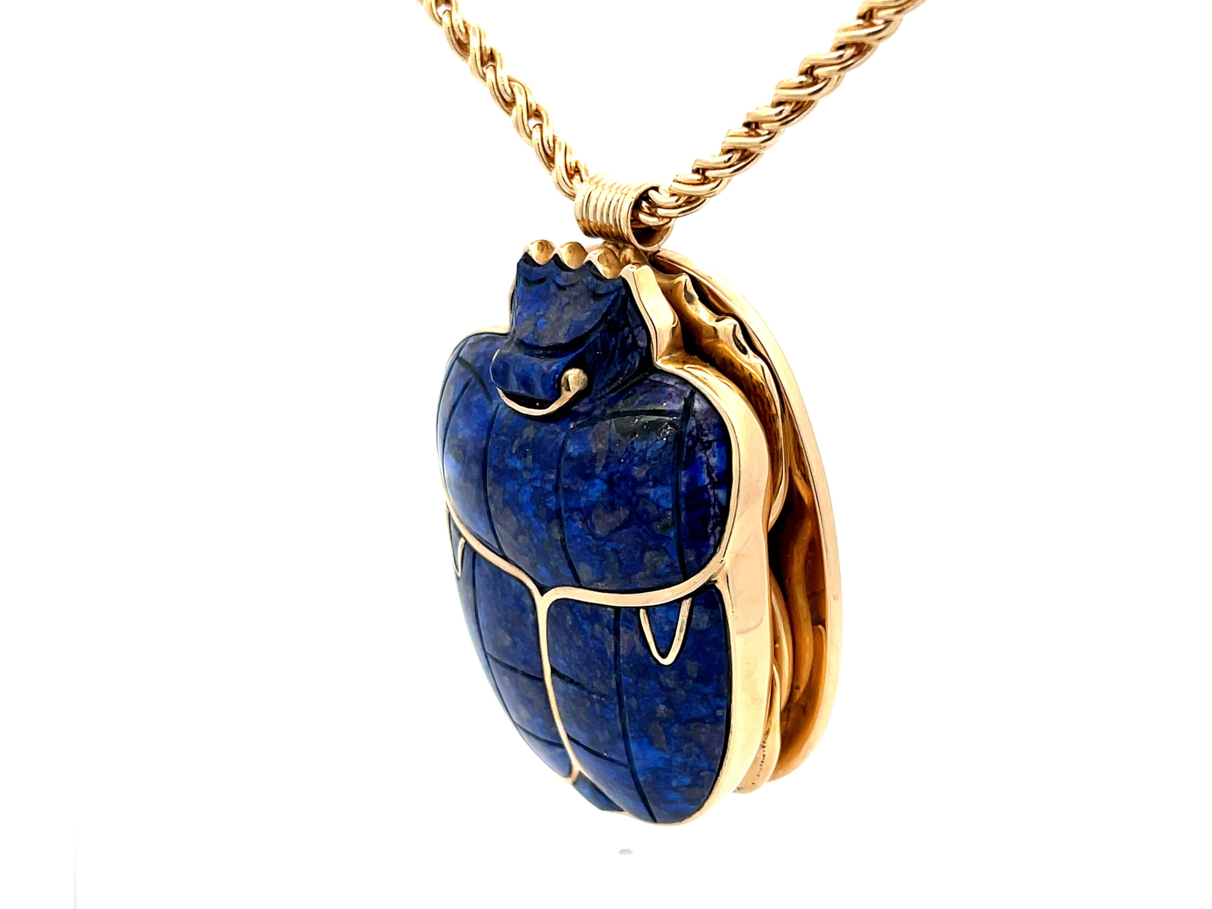 Modern Egyptian Lapis Scarab Beetle Pendant with Woven Chain in 14k Yellow Gold For Sale