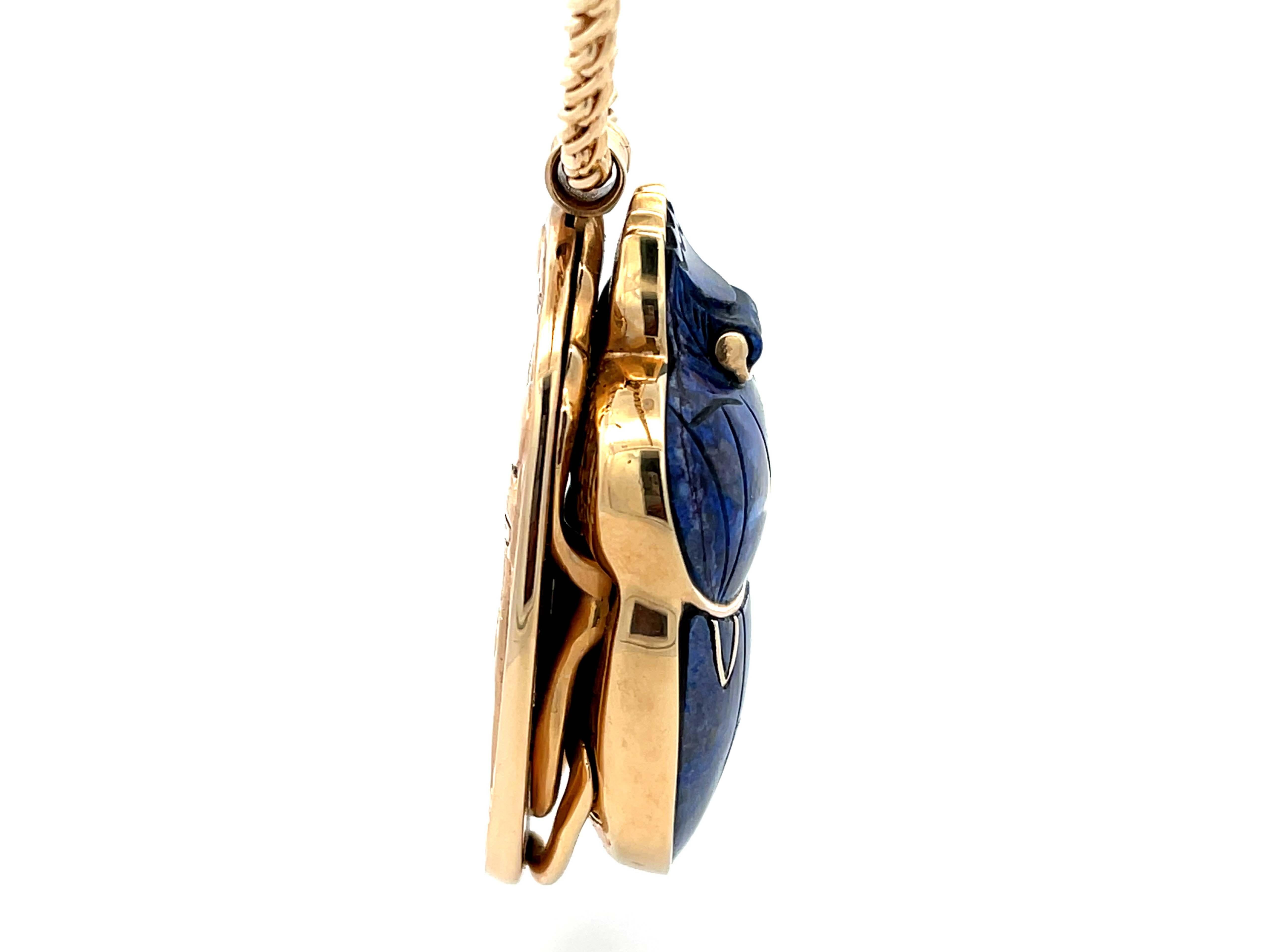 Egyptian Lapis Scarab Beetle Pendant with Woven Chain in 14k Yellow Gold In Excellent Condition For Sale In Honolulu, HI