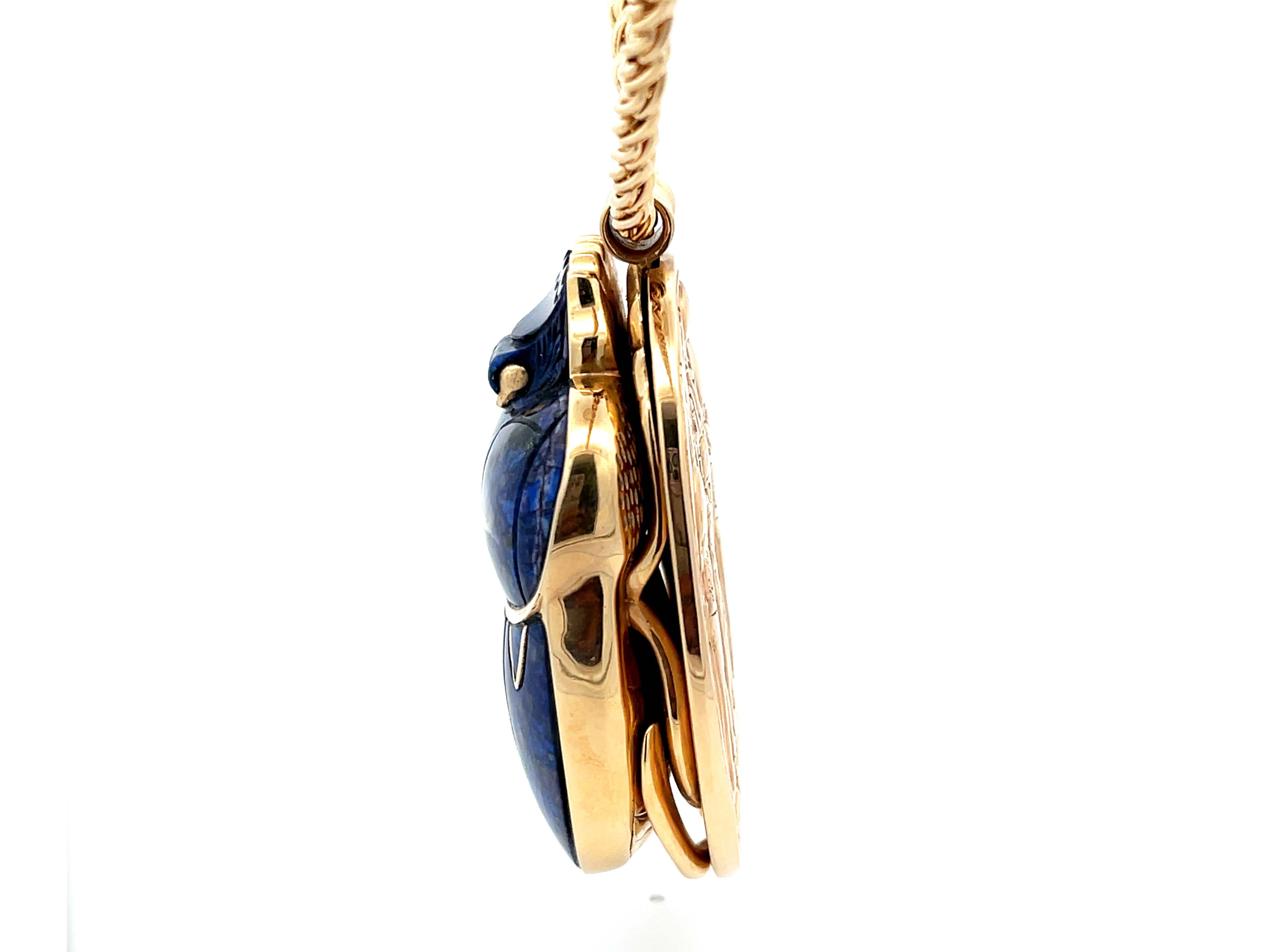 Women's or Men's Egyptian Lapis Scarab Beetle Pendant with Woven Chain in 14k Yellow Gold For Sale