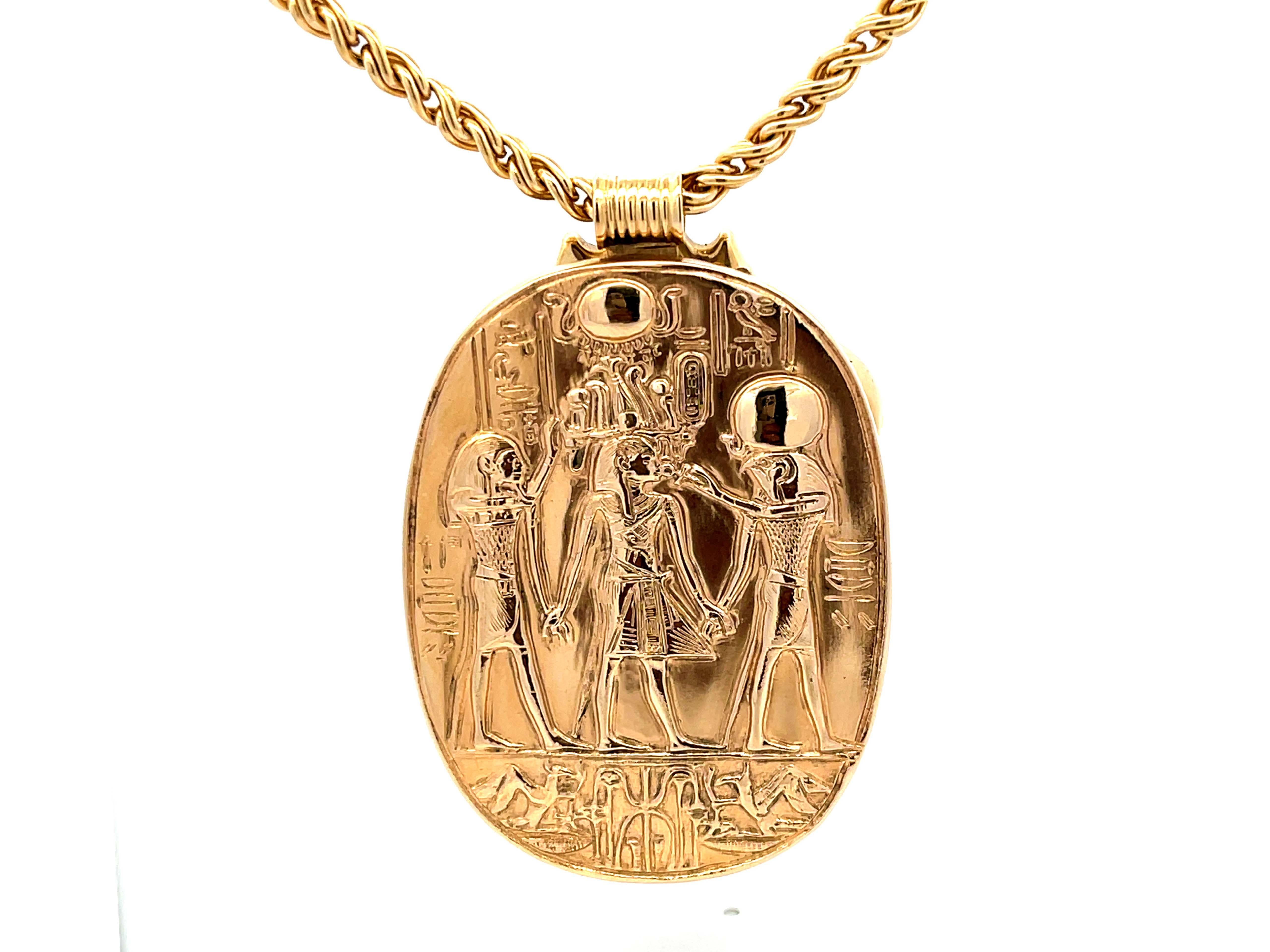 Egyptian Lapis Scarab Beetle Pendant with Woven Chain in 14k Yellow Gold For Sale 1