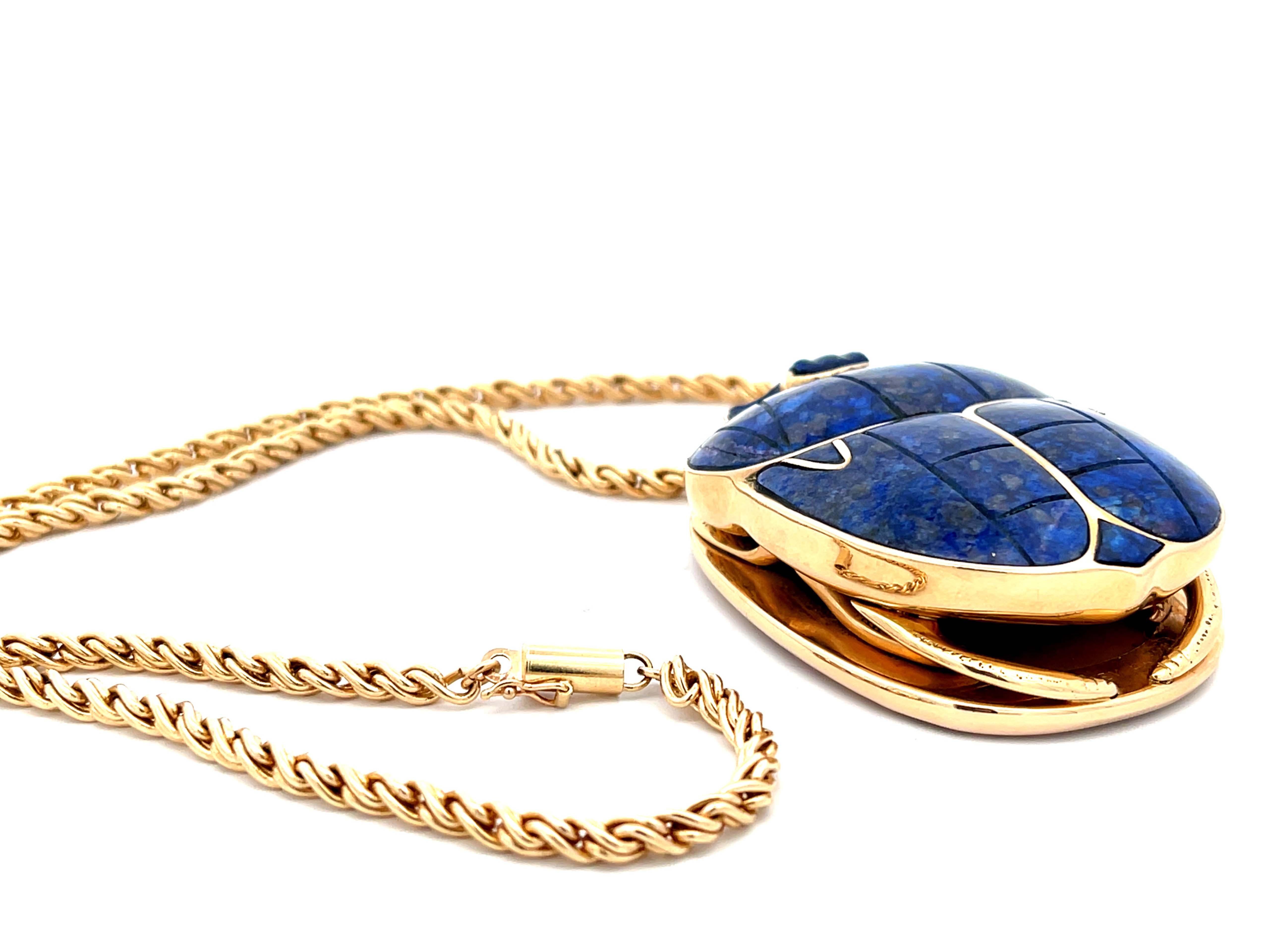 Egyptian Lapis Scarab Beetle Pendant with Woven Chain in 14k Yellow Gold For Sale 2