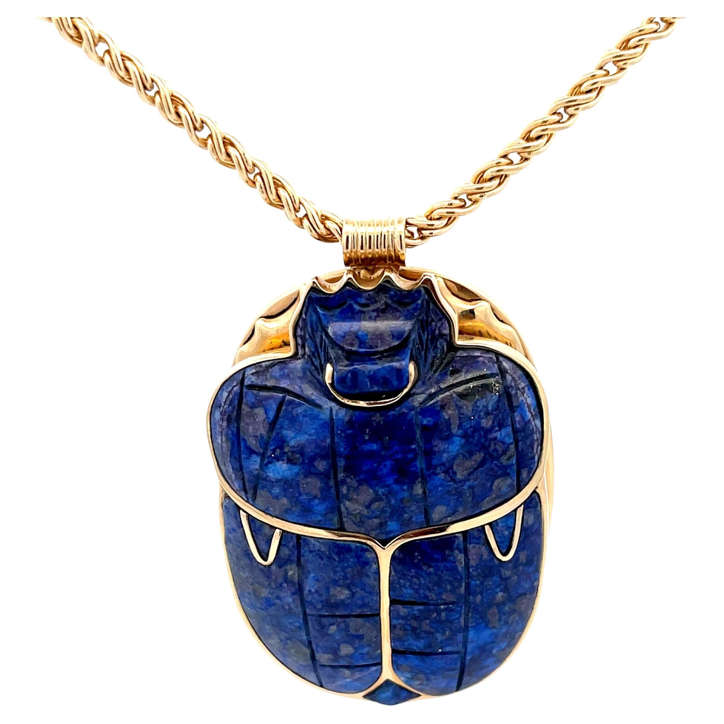 Egyptian Lapis Scarab Beetle Pendant with Woven Chain in 14k Yellow Gold For Sale