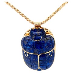 Vintage Egyptian Lapis Scarab Beetle Pendant with Woven Chain in 14k Yellow Gold