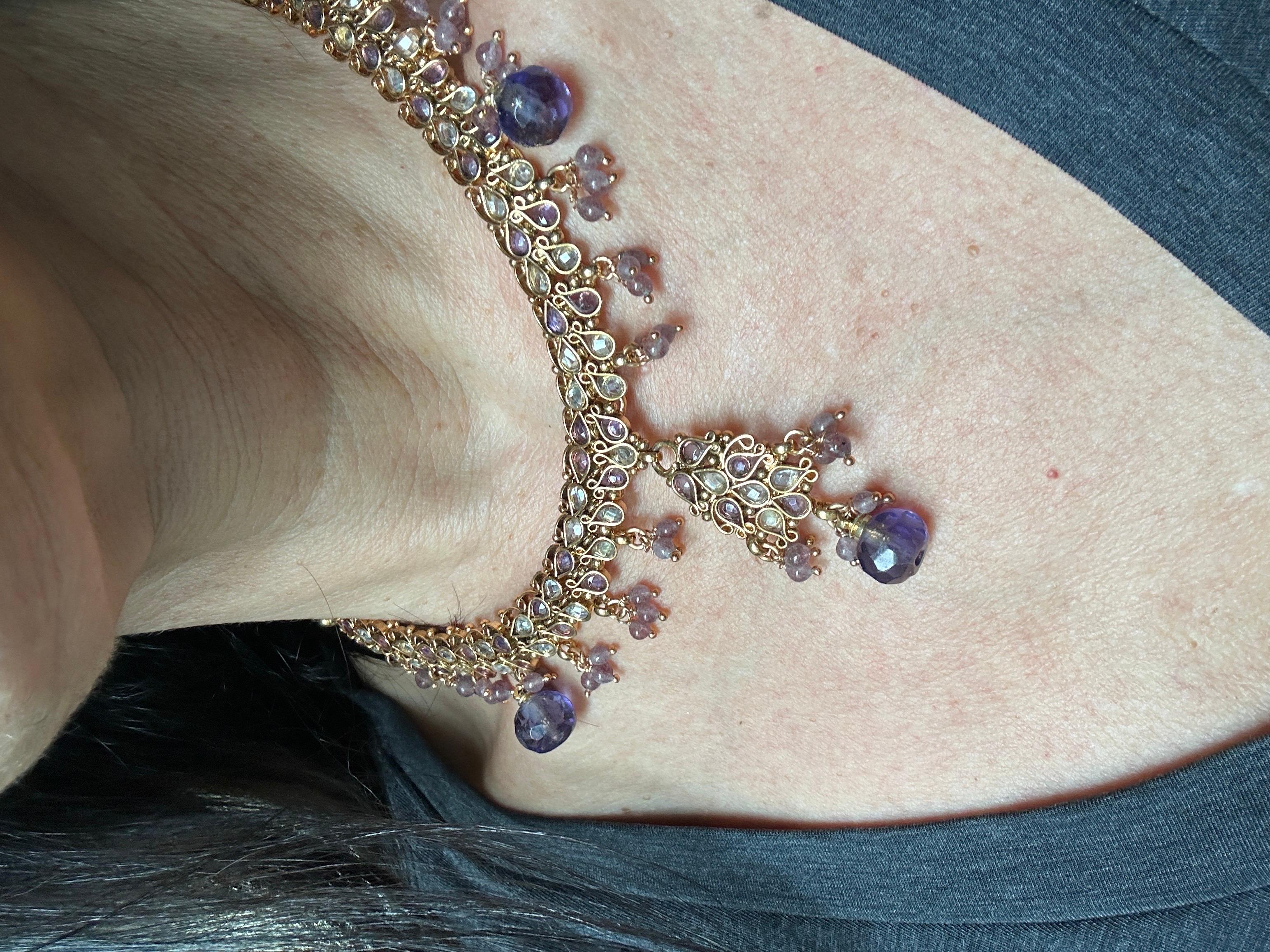 Ägyptische Lavendel Jeweled Edelstein farbige Halskette 24K Galvanisiert im Angebot 5