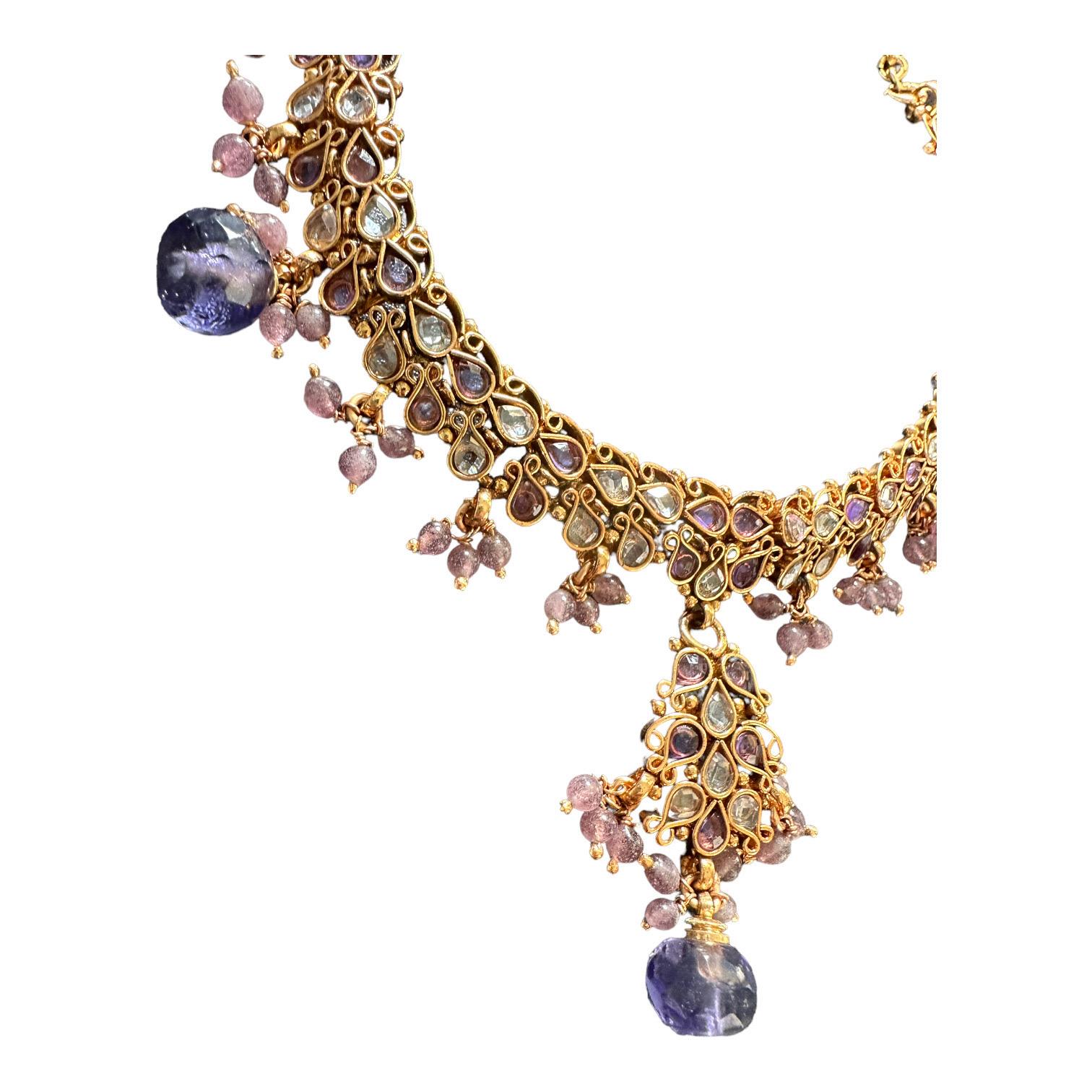 Egyptian Revival Egyptian Lavender Jeweled Gem Colored Necklace 24K Electroplated For Sale