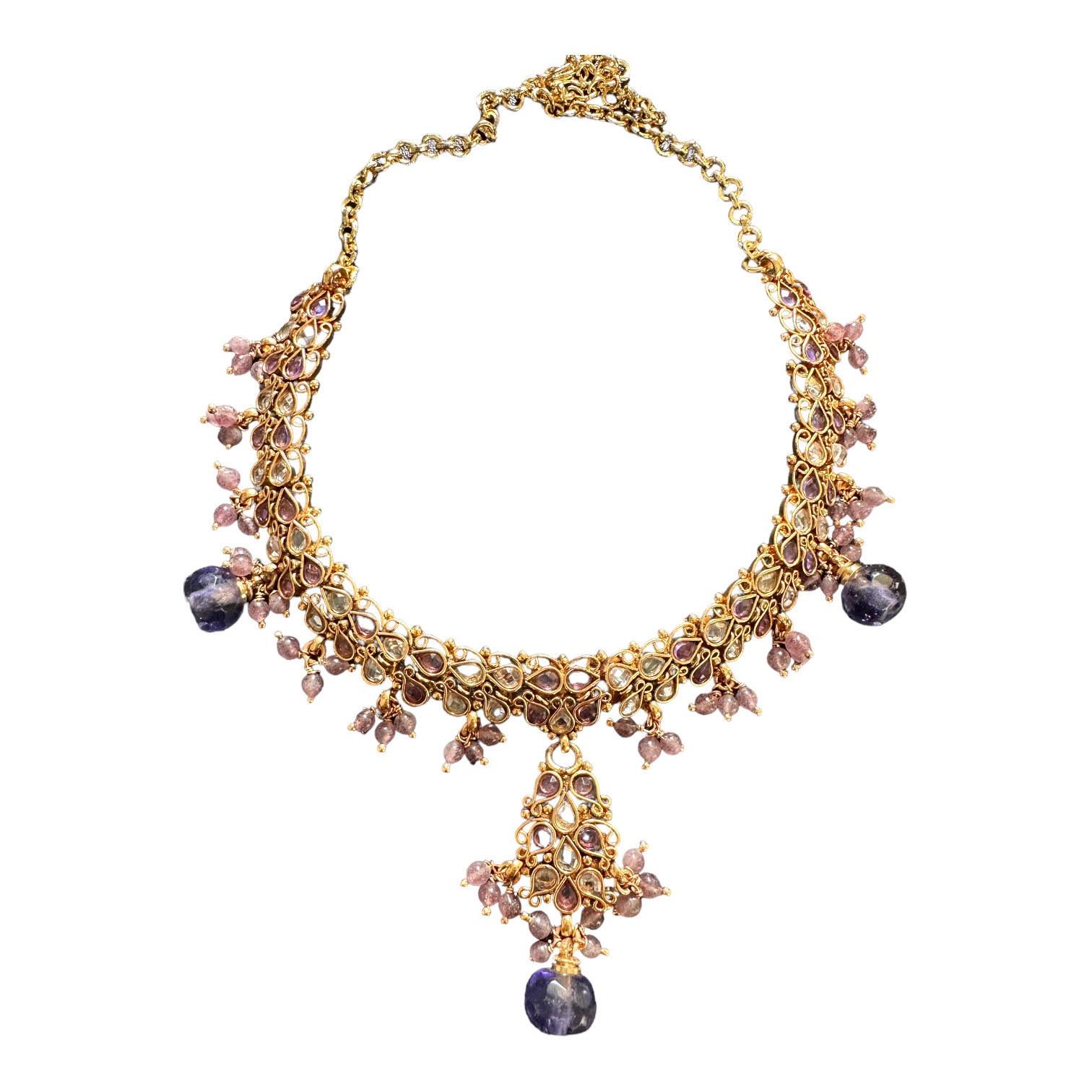 Egyptian Lavender Jeweled Gem Colored Necklace 24K Electroplated In Good Condition For Sale In Laguna Hills, CA