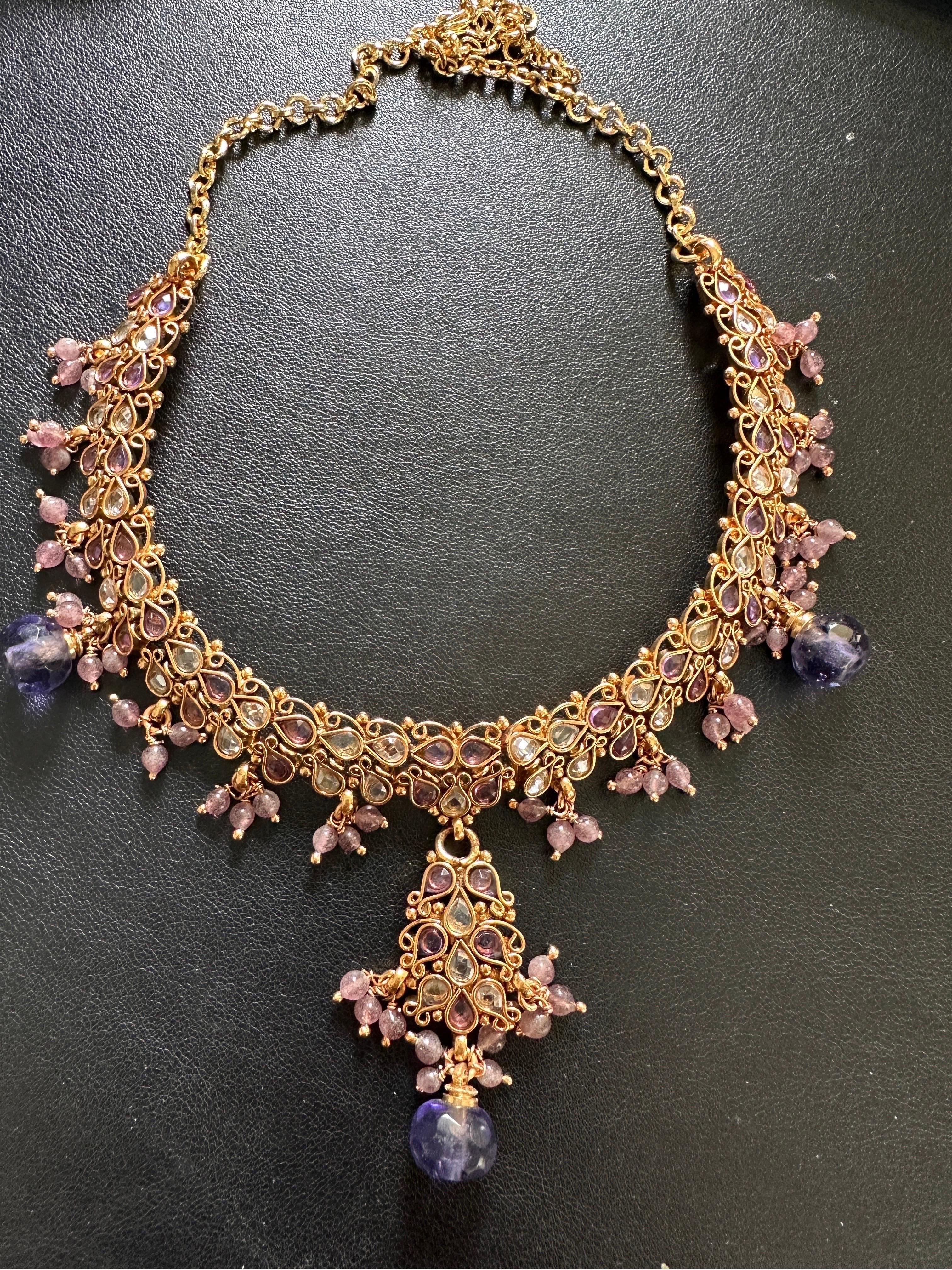 Women's or Men's Egyptian Lavender Jeweled Gem Colored Necklace 24K Electroplated For Sale