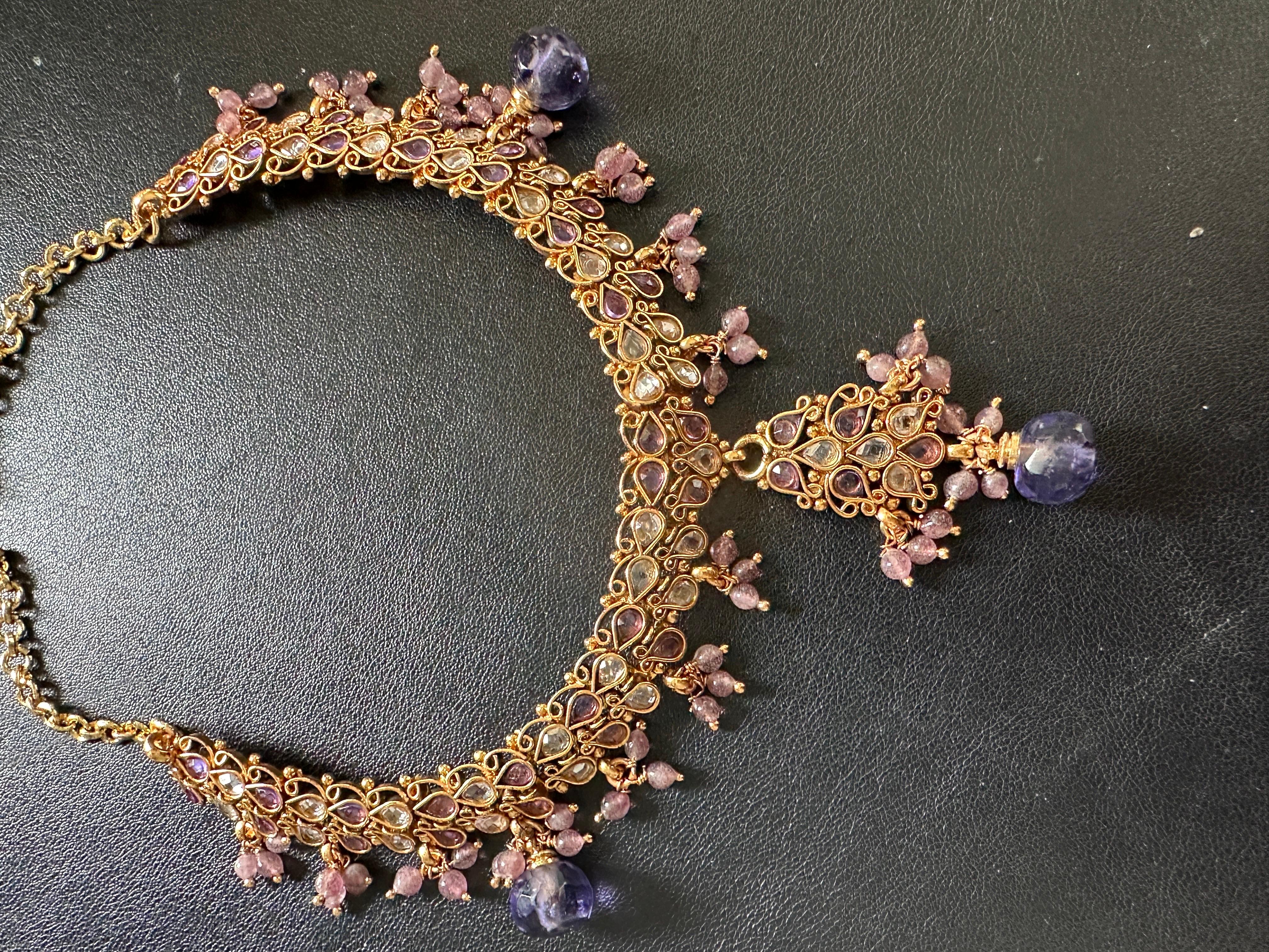 Ägyptische Lavendel Jeweled Edelstein farbige Halskette 24K Galvanisiert im Angebot 3