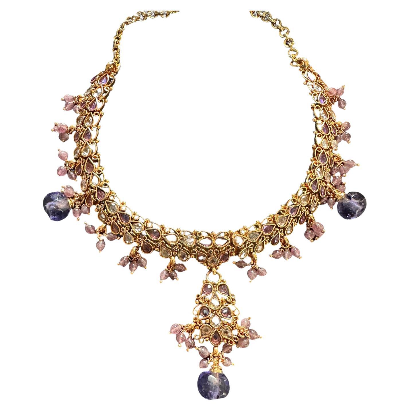 Egyptian Lavender Jeweled Gem Colored Necklace 24K Electroplated For Sale