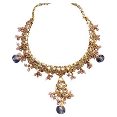Vintage Egyptian Lavender Jeweled Gem Colored Necklace 24K Electroplated