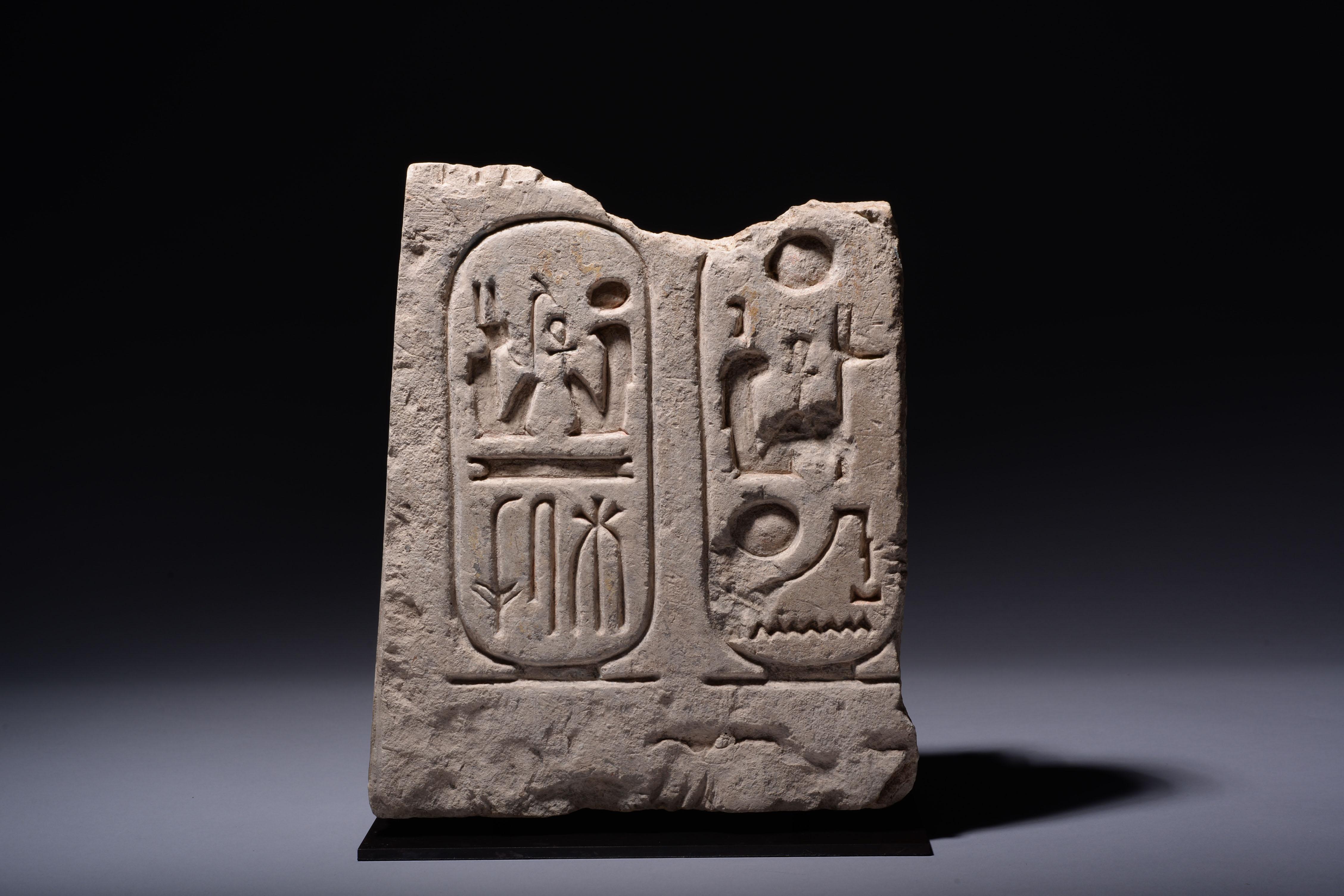 Egyptian limestone relief fragment with cartouches for Ramesses the Great, New Kingdom, 19th dynasty, circa 1279-1213 BC.

The cartouches carved in sunken relief with the Pharaoh’s throne and personal names, 'User-maat-Re Sotep-en-Re' and 'Ramessu
