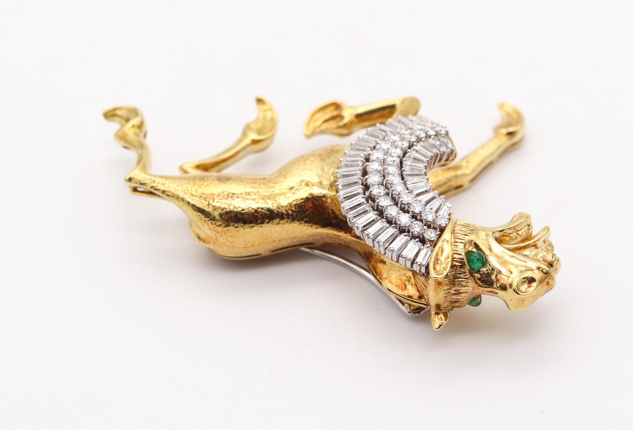 Baguette Cut EGYPTIAN LION 1970 Brooch In 18Kt Gold With 4.27 Ctw In Diamonds & Emeralds For Sale