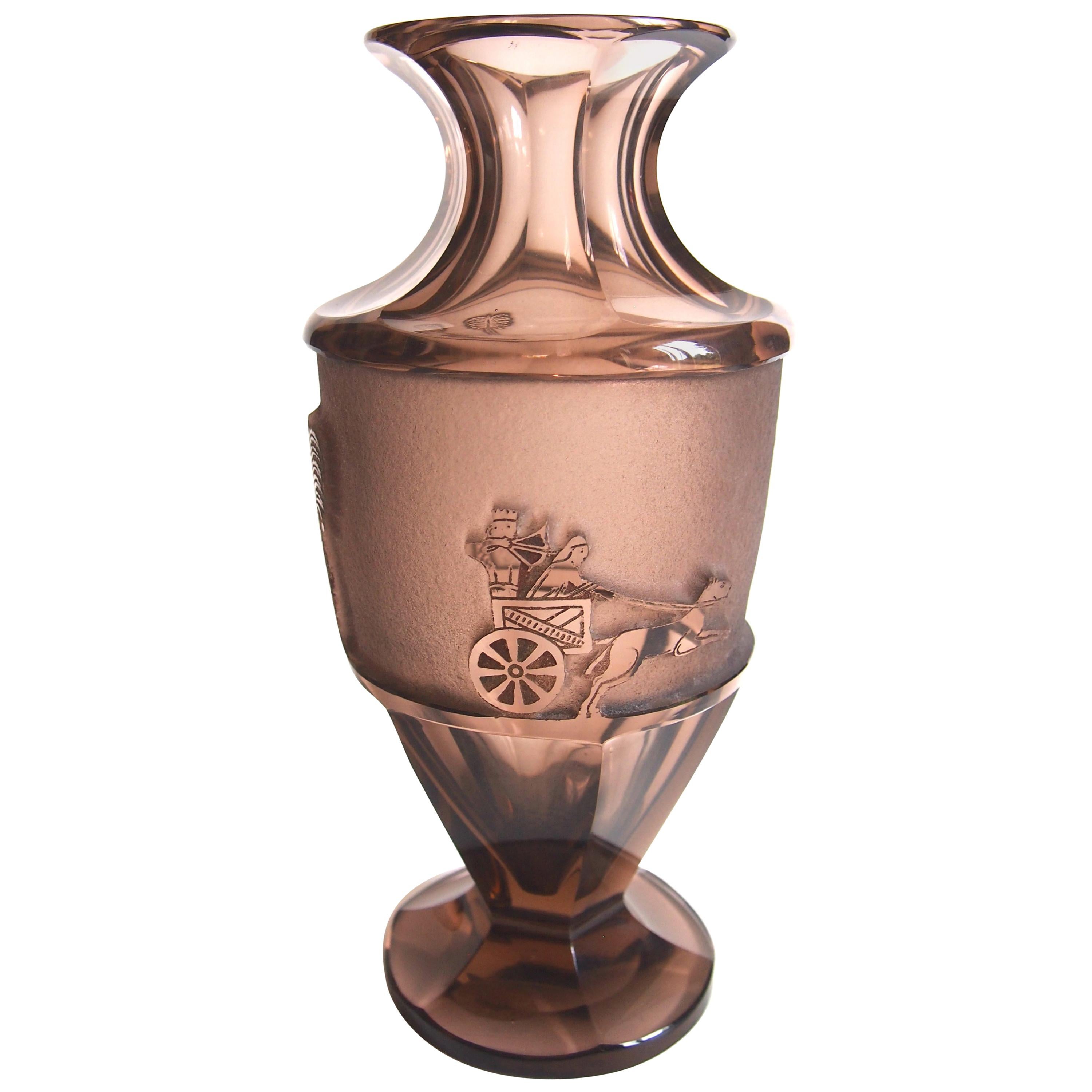 Bohemian Egyptian Lion Hunt Moser Deep Acid Etched Glass Vase For Sale