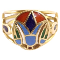 Egyptian Lotus Enamel Ring in 18 Karat Gold, Egyptomania