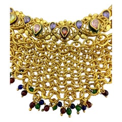 Egyptian Mesh, Jeweled Gem Colored Necklace 24K Electroplated