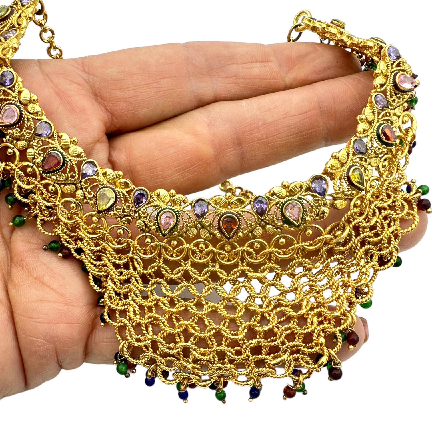 Egyptian Revival Egyptian Mesh, Jeweled Gem Colored Necklace 24K Electroplated For Sale