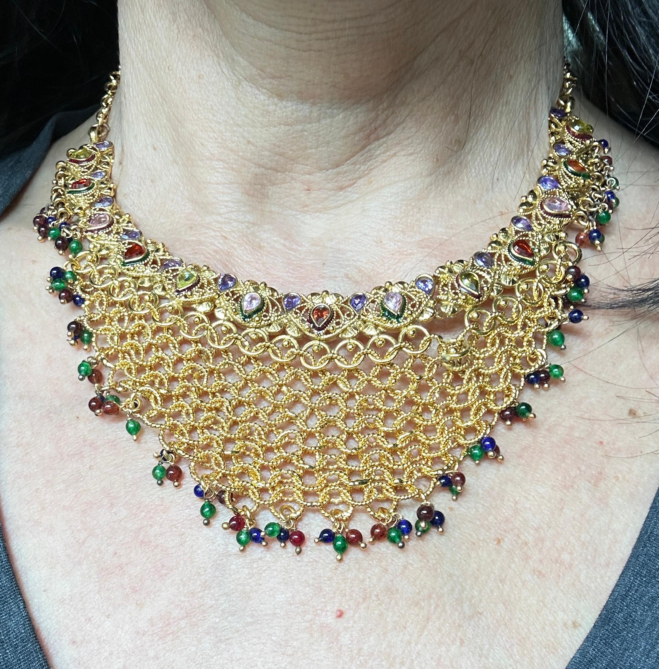 Egyptian Mesh, Jeweled Gem Colored Necklace 24K Electroplated In Good Condition For Sale In Laguna Hills, CA