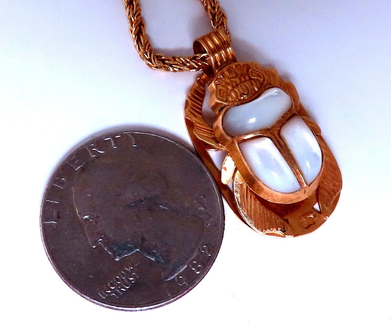 Uncut Egyptian Mother of Pearl Specimen Beetle Mother of Pearl Pendant 18k Necklace For Sale