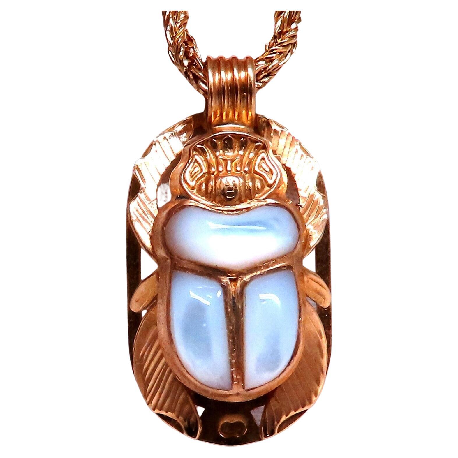 Egyptian Mother of Pearl Specimen Beetle Mother of Pearl Pendant 18k Necklace For Sale