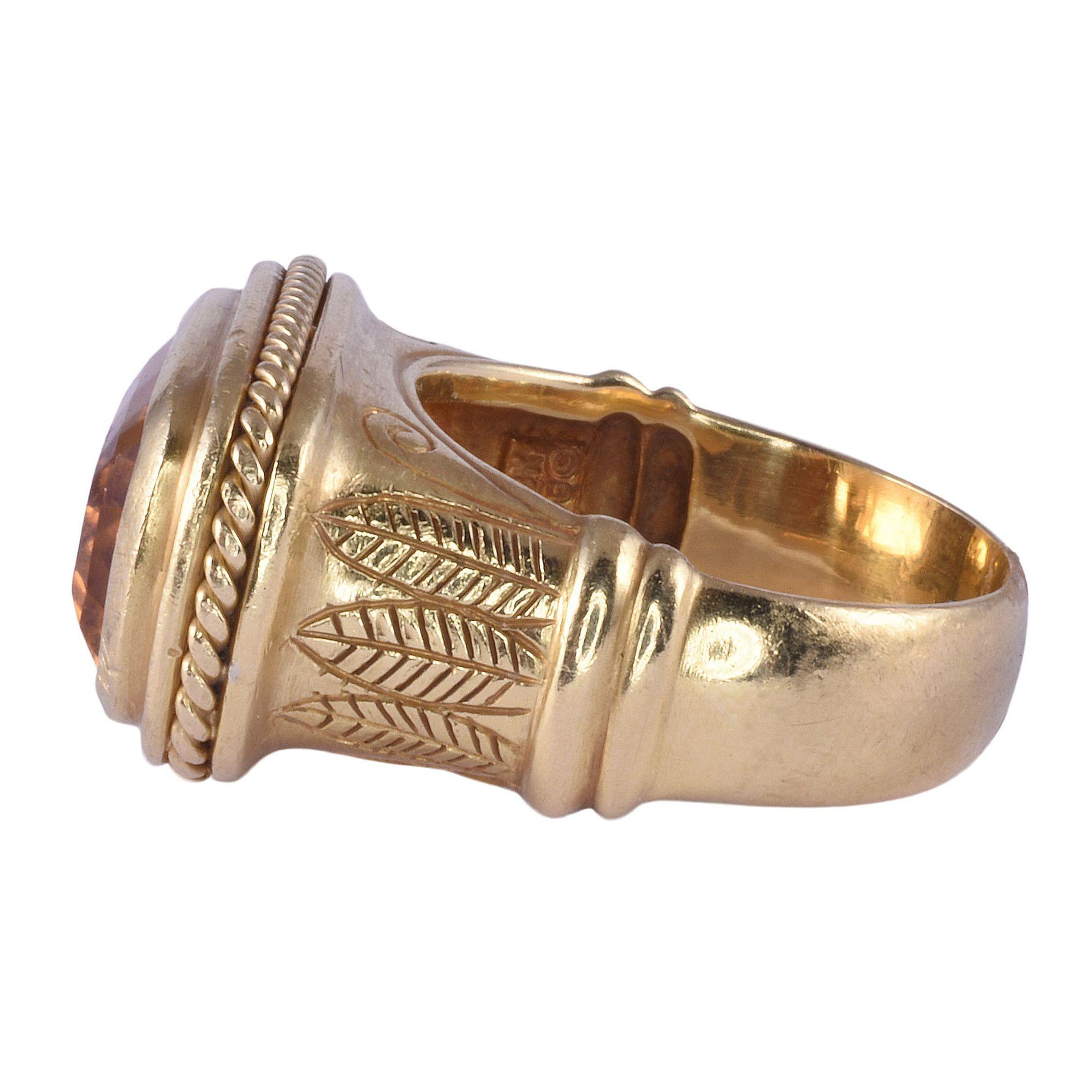 Cushion Cut Egyptian Motif Citrine 18K Gold Ring For Sale