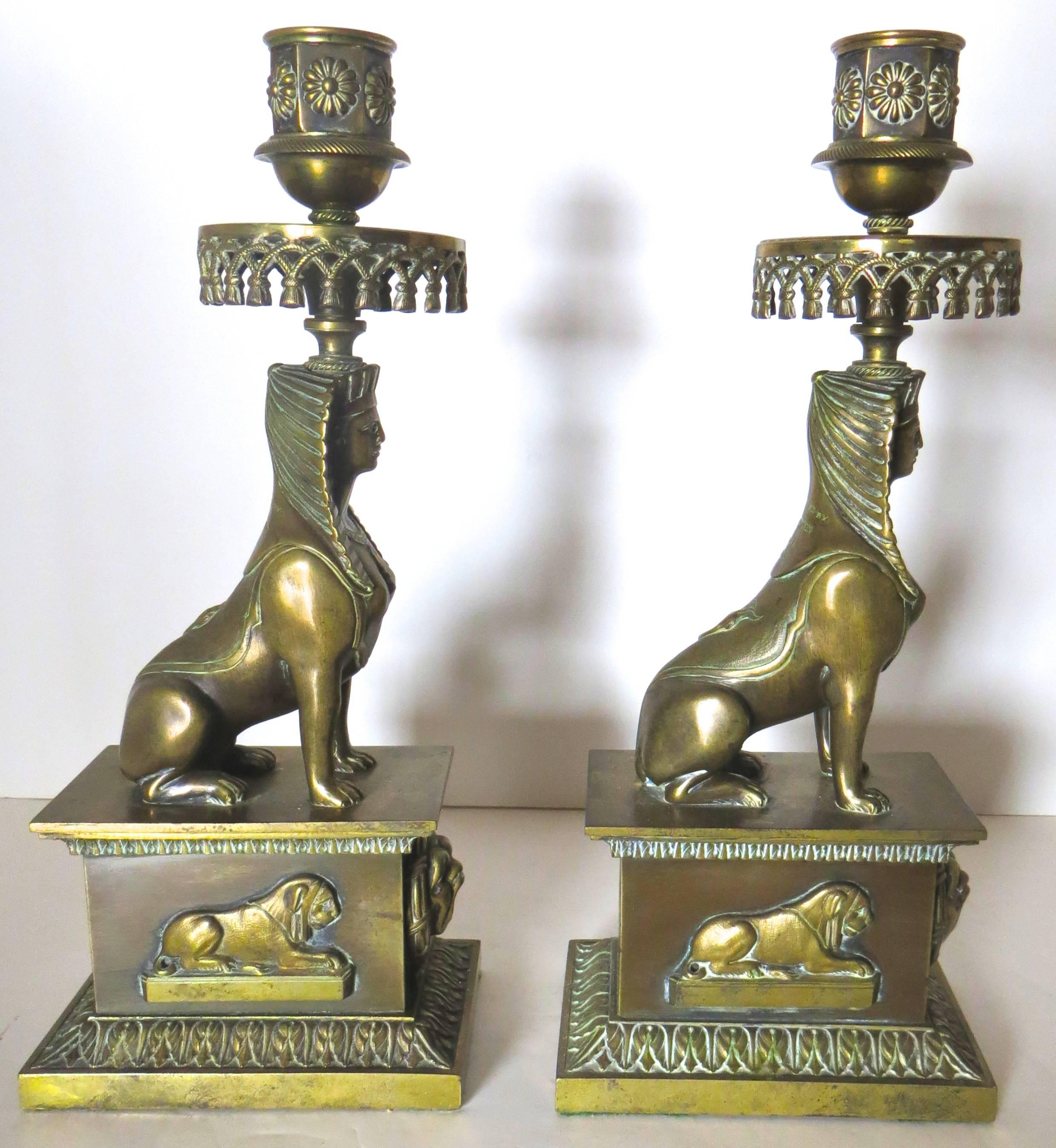 Early 19th Century Egyptian Motif Pair of Regency Candleholders by George Penton English circa 1808