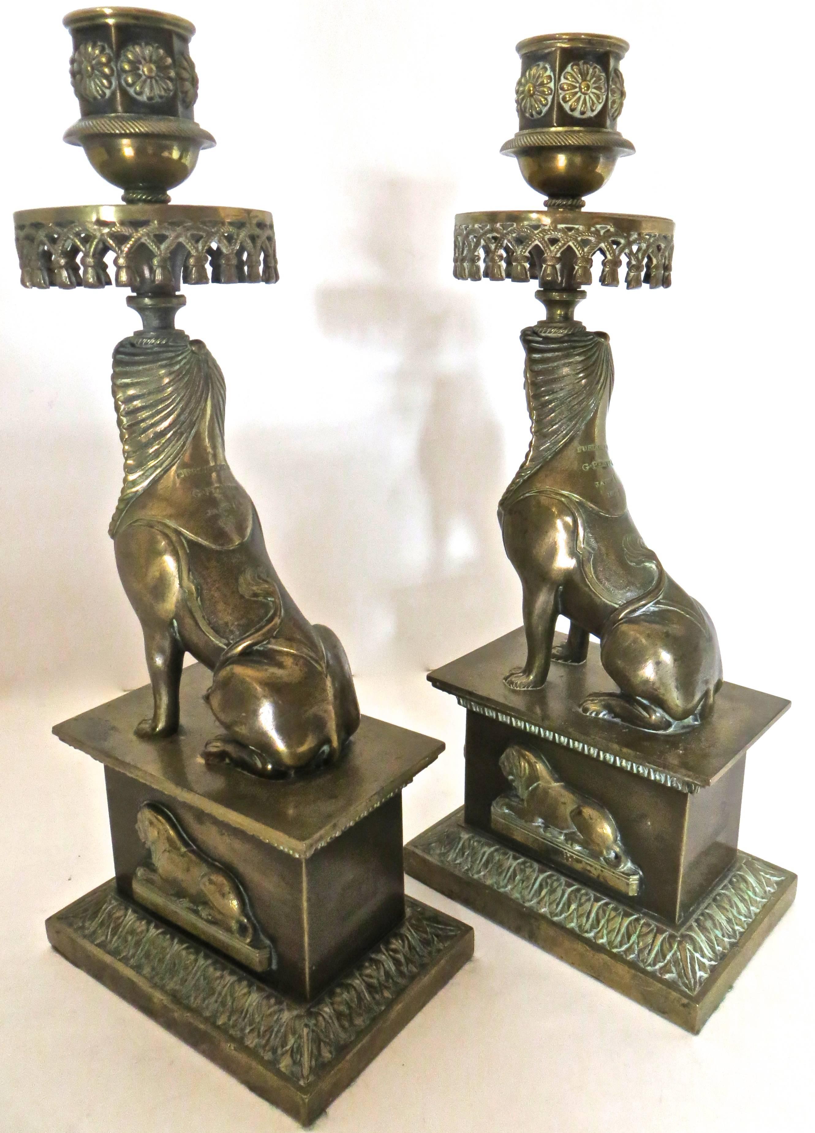 Pair of Regency bronze candleholders from the London, England workshop of George Penton on New Street Fetter Lane. He was well known and recognized by both British and American connoisseurs of fine art during the late 18th and early 19th century.