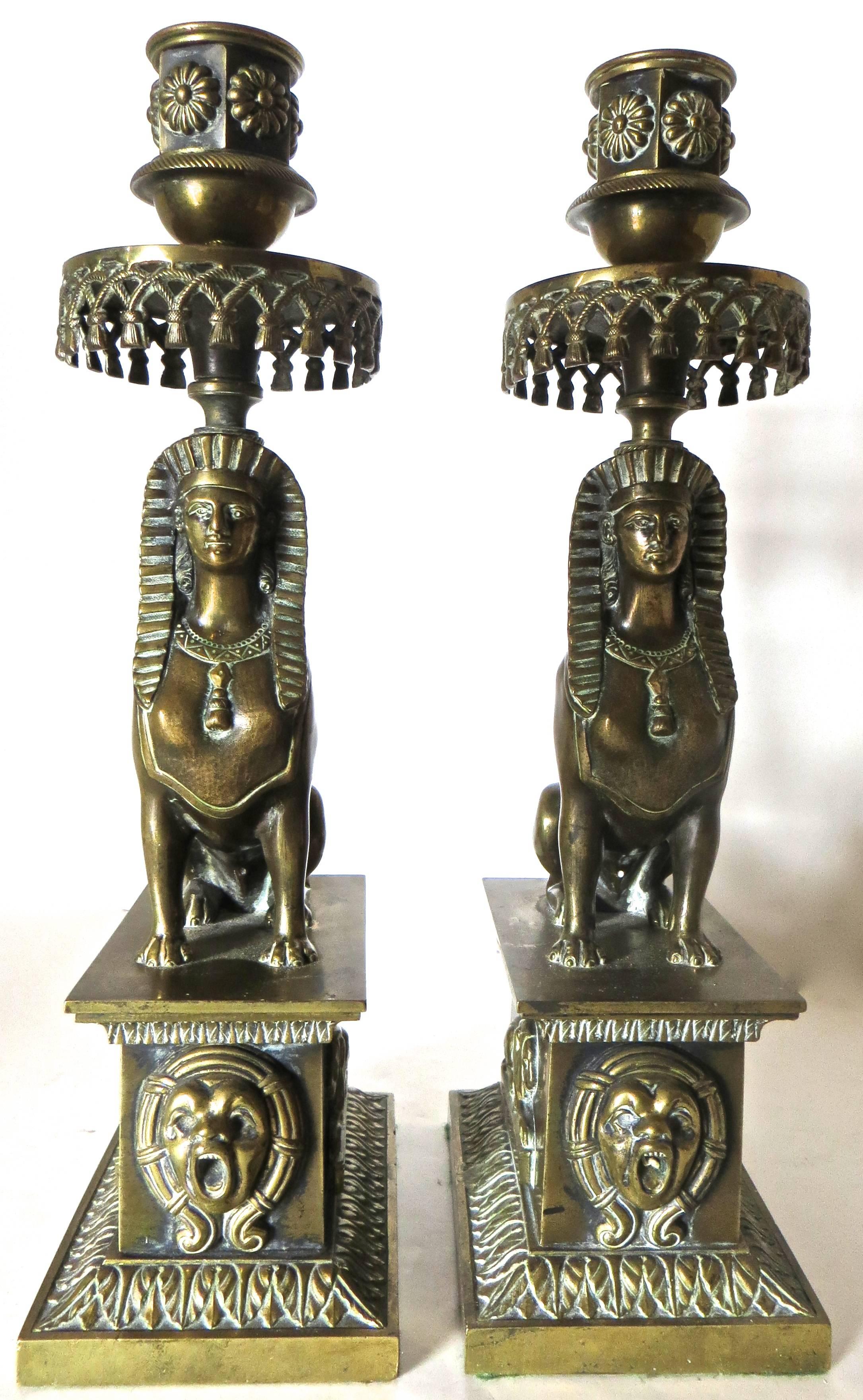 Bronze Egyptian Motif Pair of Regency Candleholders by George Penton English circa 1808