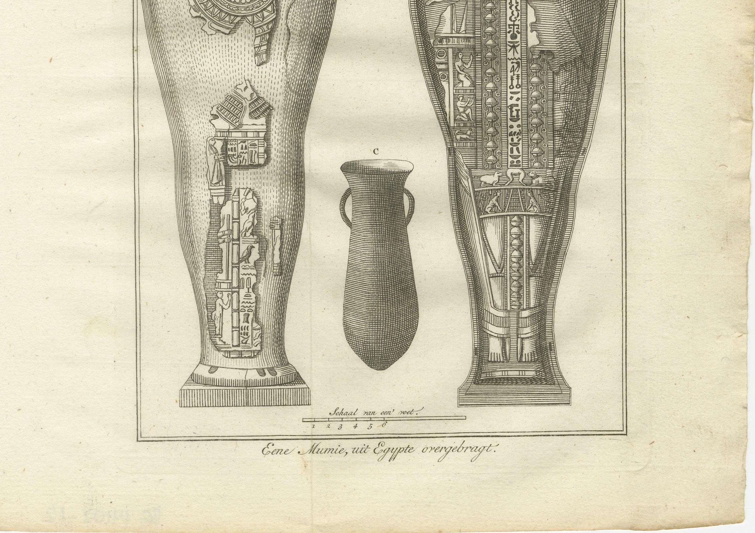 Momia egipcia y sarcófago con frasco canopo - Grabado de antigüedades, 1776 Holandés en venta