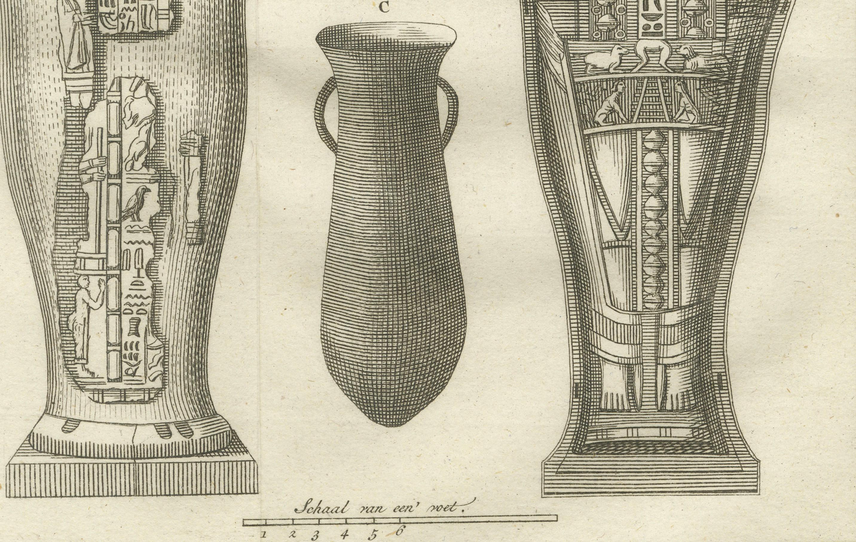Momia egipcia y sarcófago con frasco canopo - Grabado de antigüedades, 1776 en Bueno estado para la venta en Langweer, NL