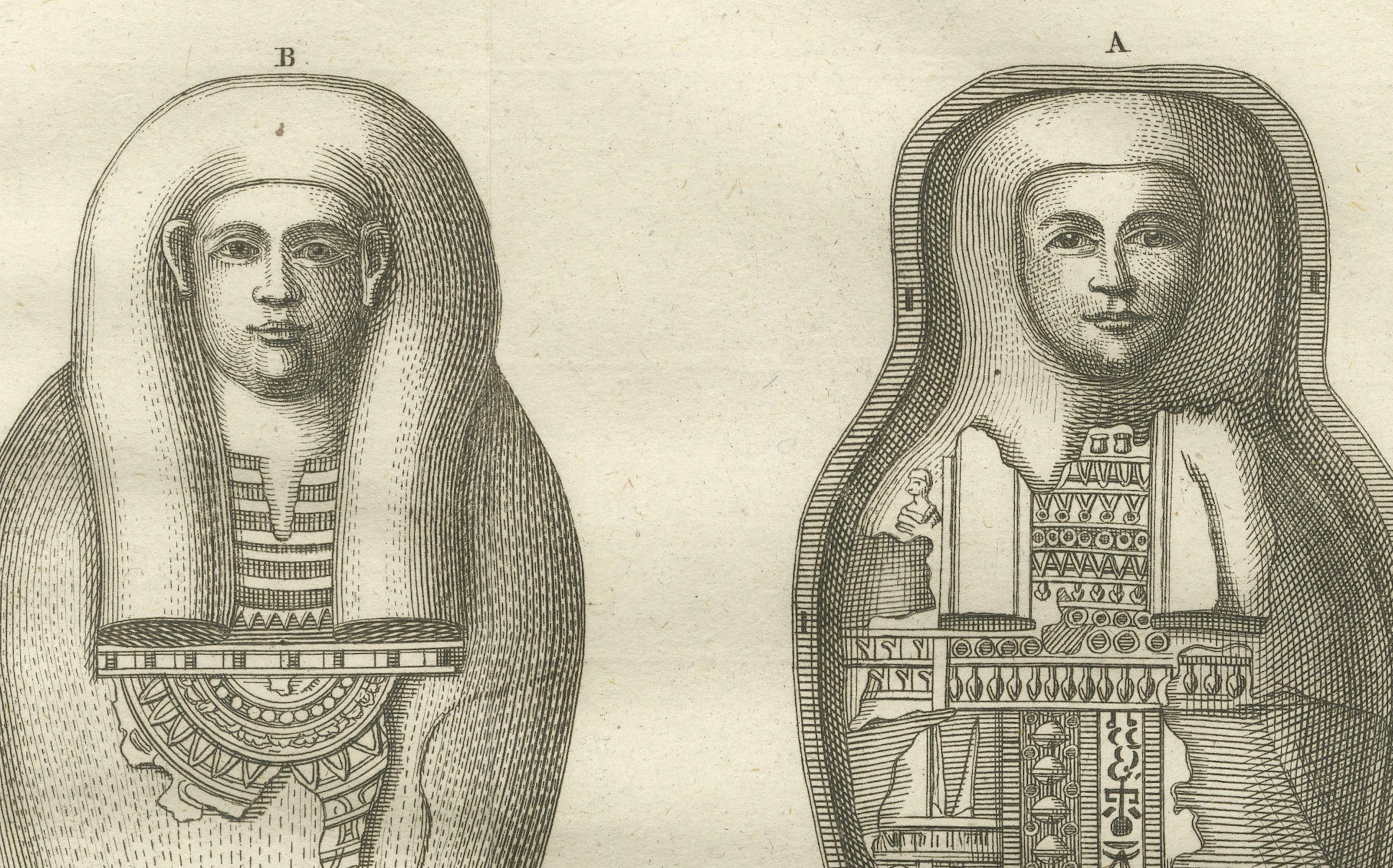Momia egipcia y sarcófago con frasco canopo - Grabado de antigüedades, 1776 Papel en venta