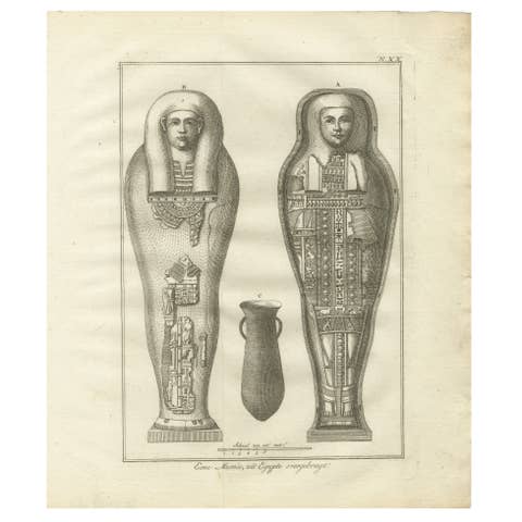 Egyptian Mummy and Sarcophagus with Canopic Jar – Antiquities Engraving, 1776