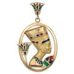 Egyptian Nefertiti Necklace Vintage 18k Yellow Gold Enamel Lotus Flower Jewelry