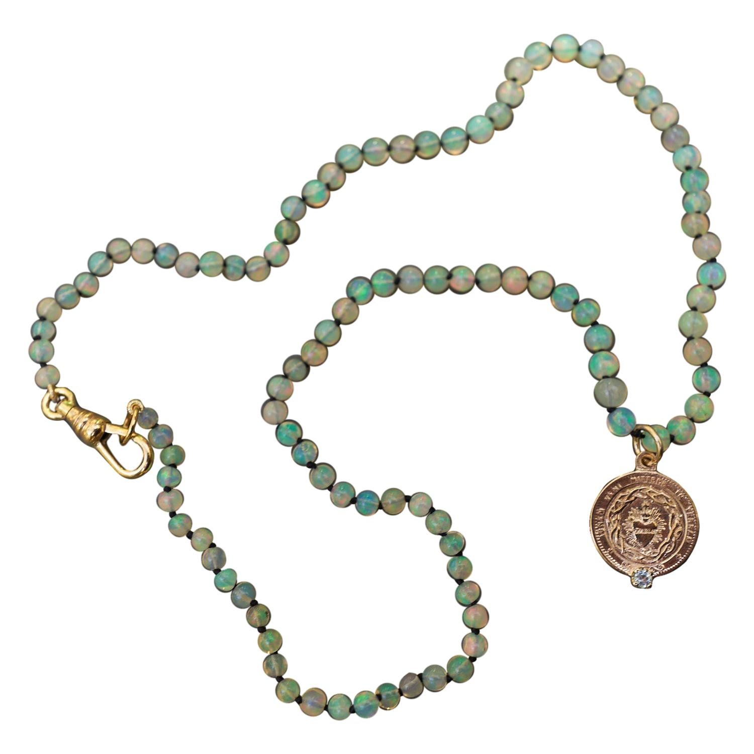 Egyptian Opal Aquamarine Choker Necklace Medal Heart Bronze J Dauphin For Sale