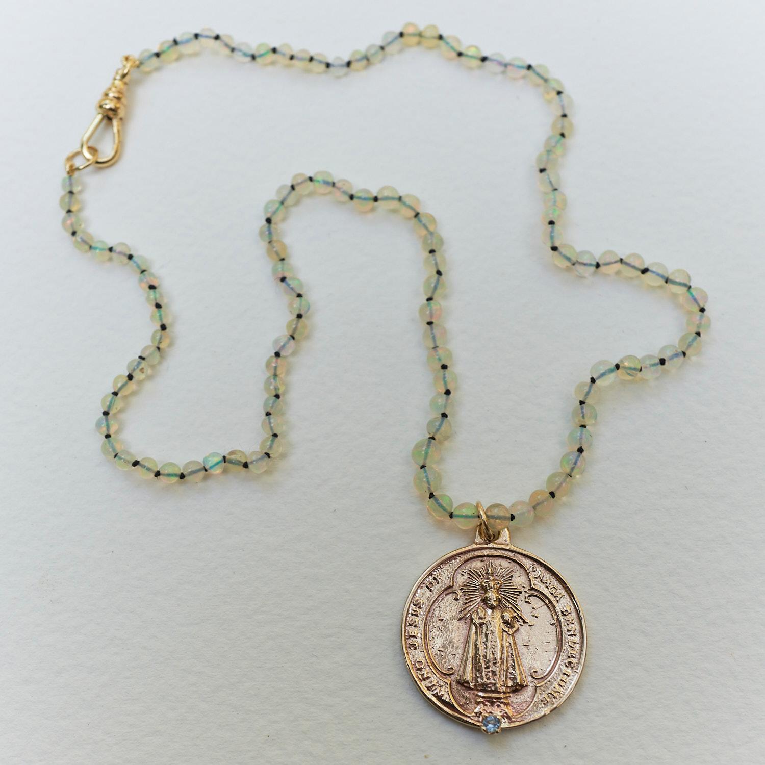 Egyptian Opal Aquamarine Choker Necklace Medal Virgin Mary Bronze J Dauphin

16
