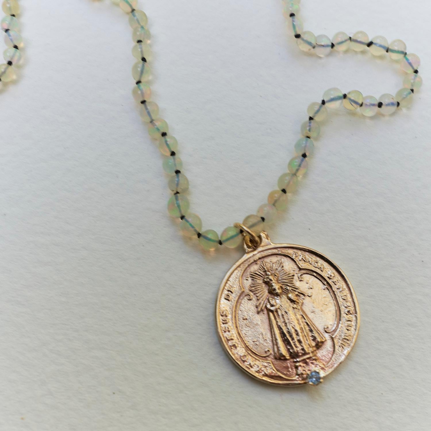 Contemporary Egyptian Opal Aquamarine Necklace Medal Virgin Mary Bronze J Dauphin For Sale