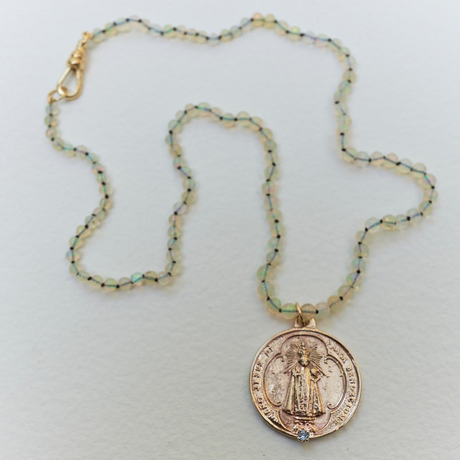 Contemporary Egyptian Opal Bead Necklace Medal Virgin Mary Aquamarine Bronze Choker  For Sale