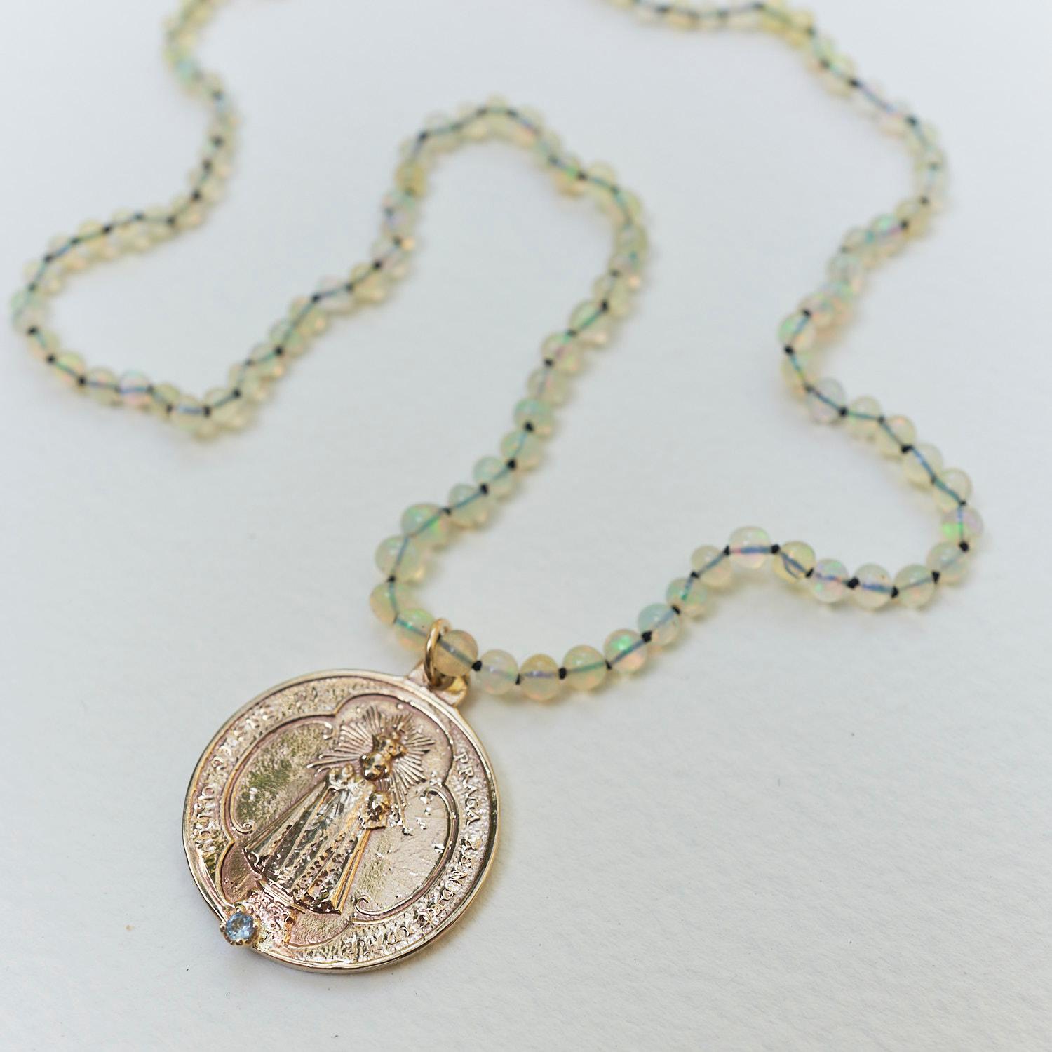 Brilliant Cut Egyptian Opal Bead Necklace Medal Virgin Mary Aquamarine Bronze Choker  For Sale
