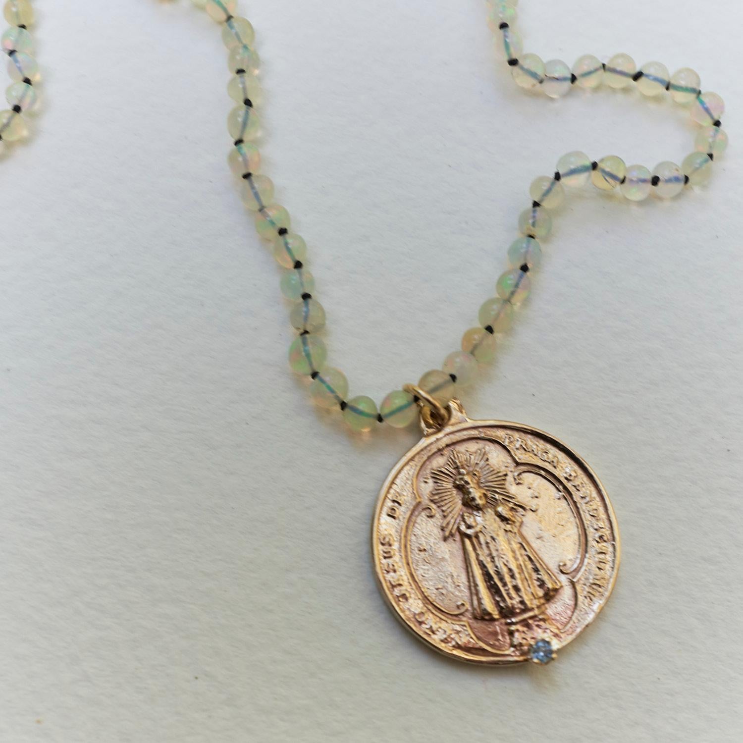 Egyptian Opal Bead Necklace Medal Virgin Mary Aquamarine Bronze Choker  In New Condition For Sale In Los Angeles, CA