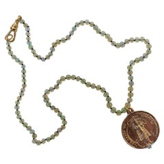Egyptian Opal Bead Necklace Medal Virgin Mary Aquamarine Bronze Choker 