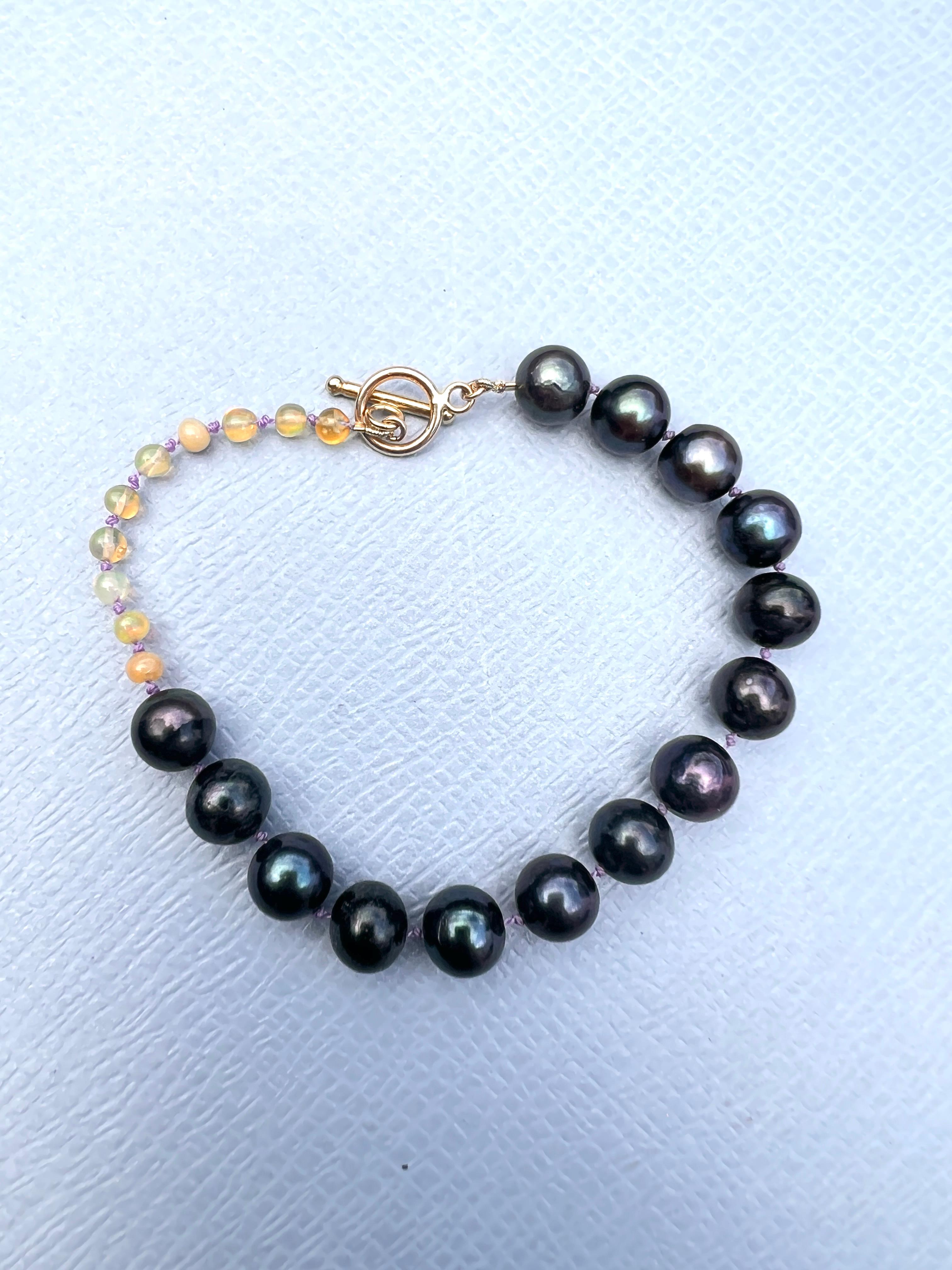 Romantic Egyptian Opal Black Pearl Beaded Bracelet Lilac Silk J Dauphin For Sale